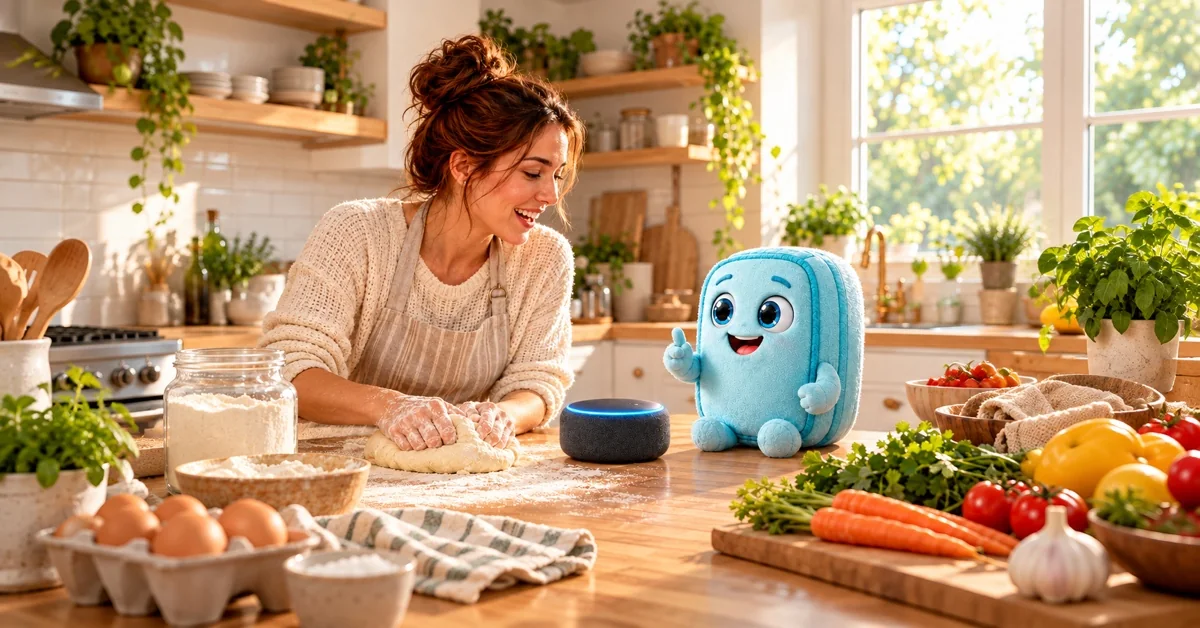 A woman kneads dough beside a smart speaker and light-blue fabric Freshy.