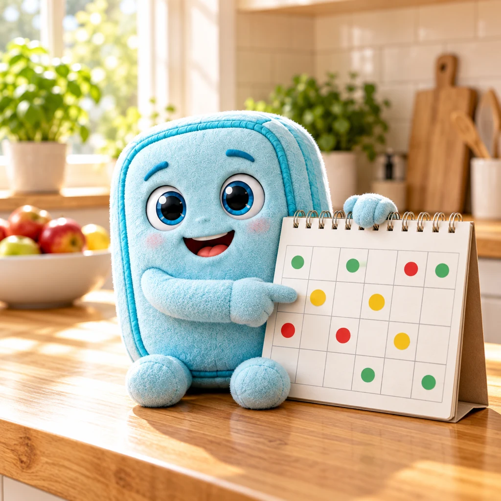 Light-blue fabric Freshy points to a desk calendar with green, yellow and red dots
