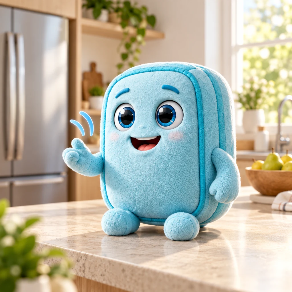 Light-blue fabric Freshy speaks in a bright kitchen, accompanied by stylised sound waves
