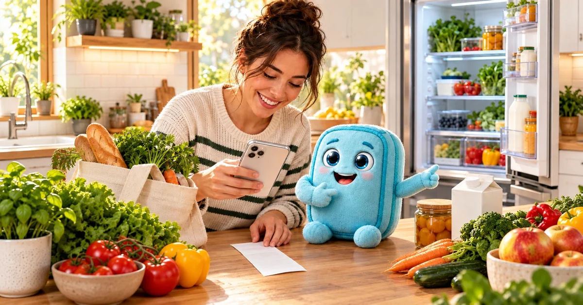 A woman photographs her receipt beside food and light-blue fabric Freshy.