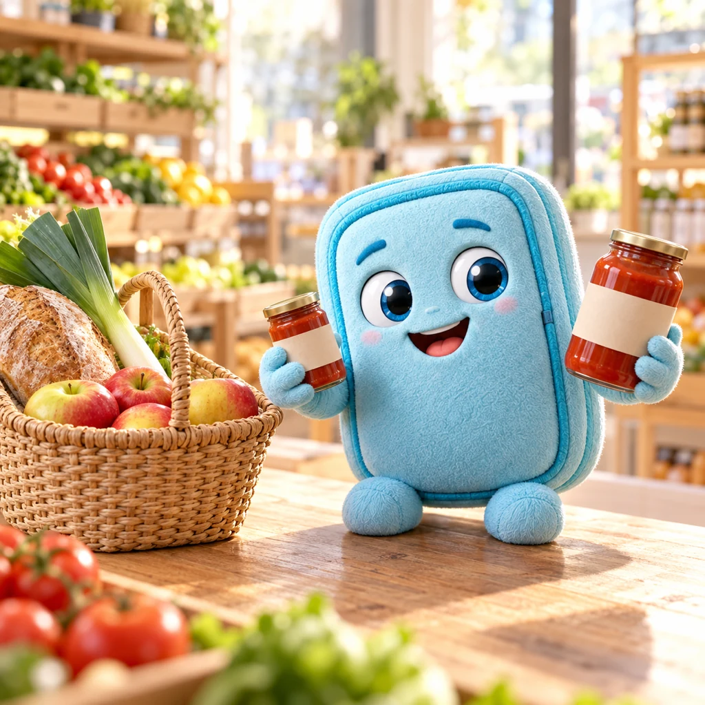 Light-blue fabric Freshy compares two tomato jars beside a shopping basket