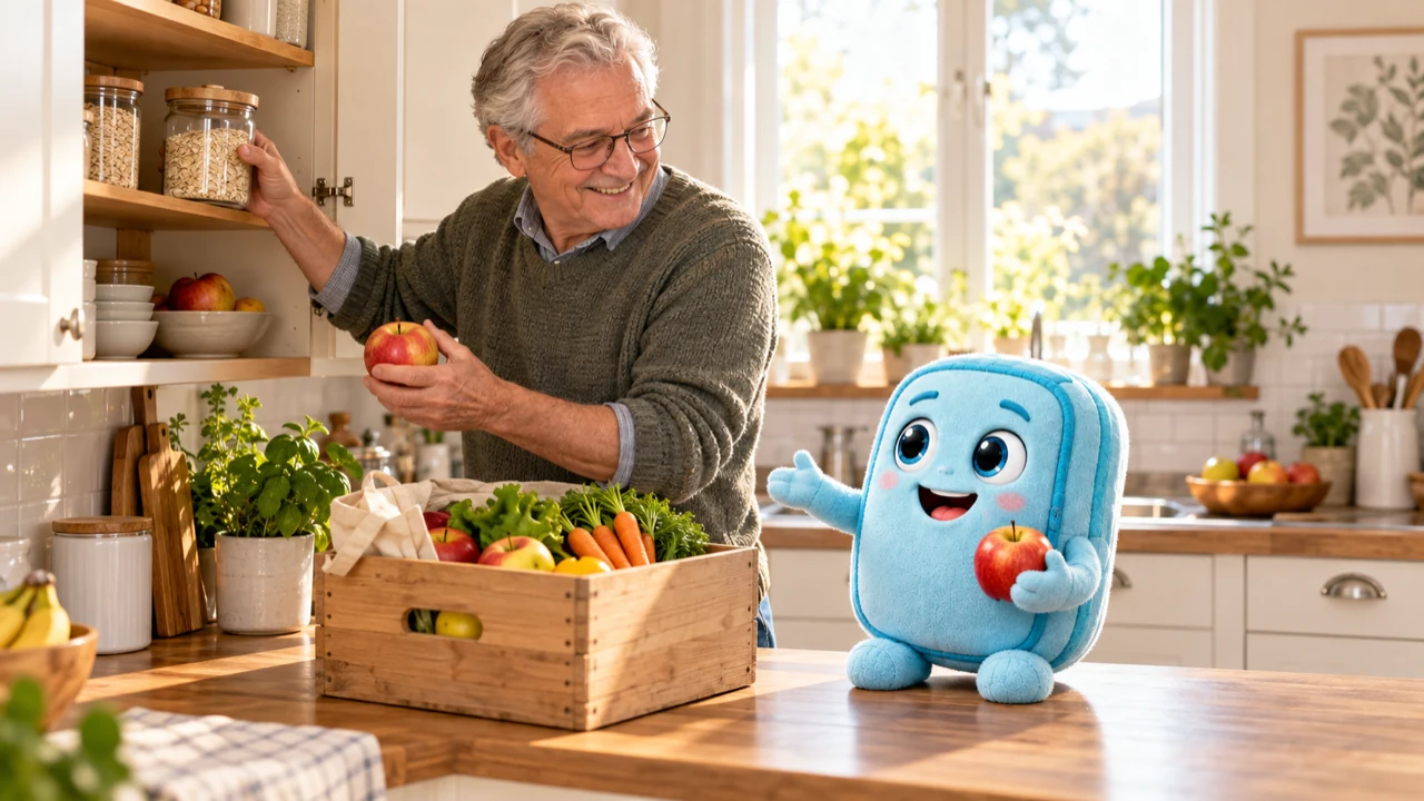 Light-blue fabric Freshy and an older man arrange food together in a bright kitchen