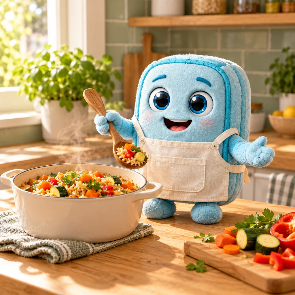 Light-blue fabric Freshy in an apron presents a cooked vegetable and rice dish