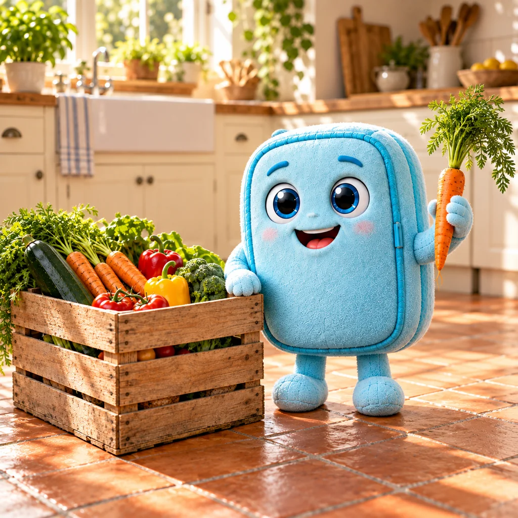 Light-blue fabric Freshy takes a carrot from a vegetable crate
