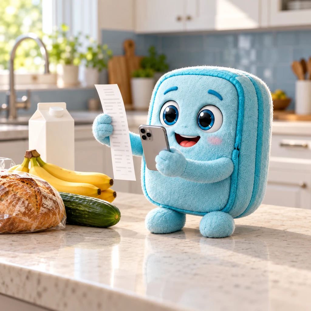 Light-blue fabric Freshy photographs a receipt beside food