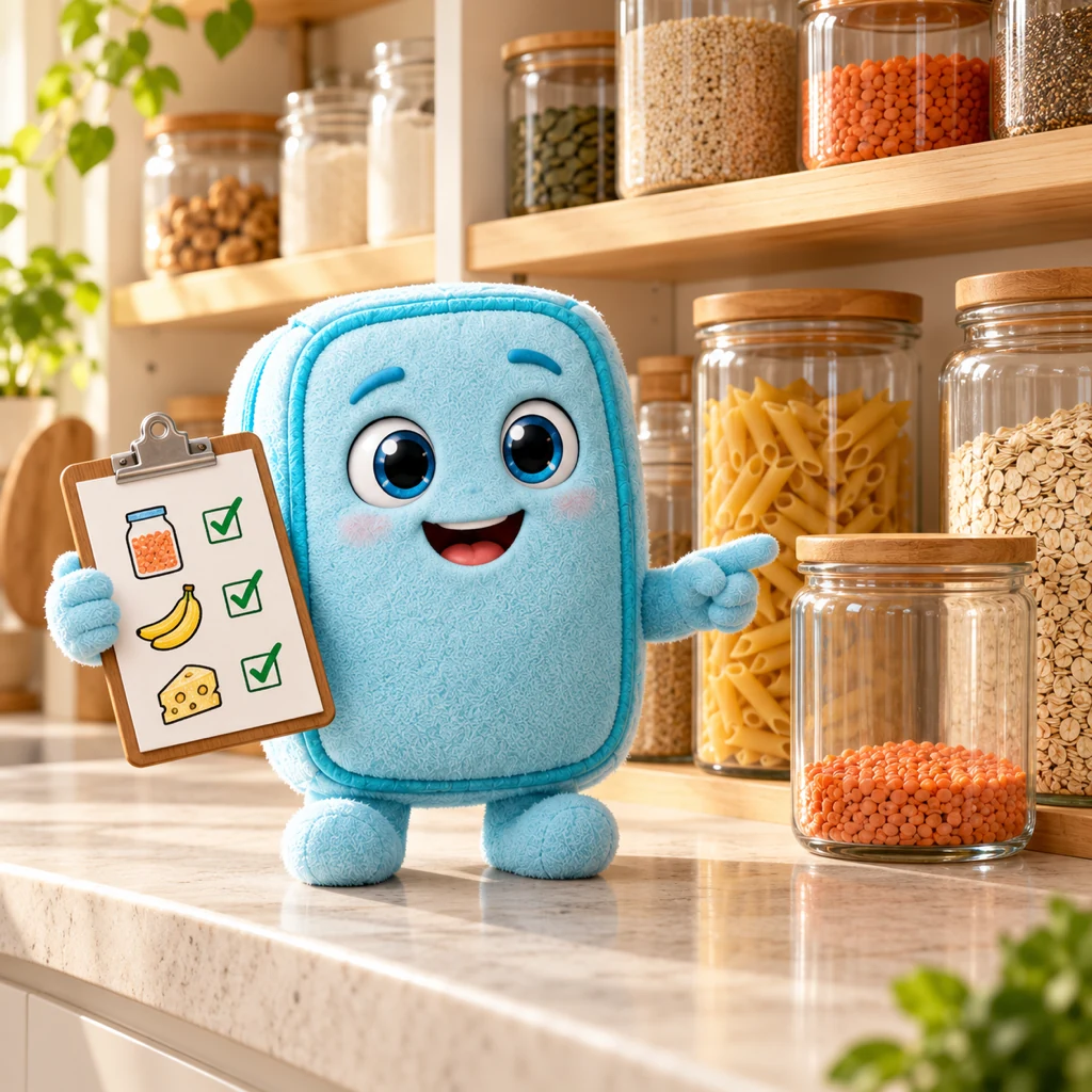 Light-blue fabric Freshy checks a paper list beside neatly arranged pantry jars