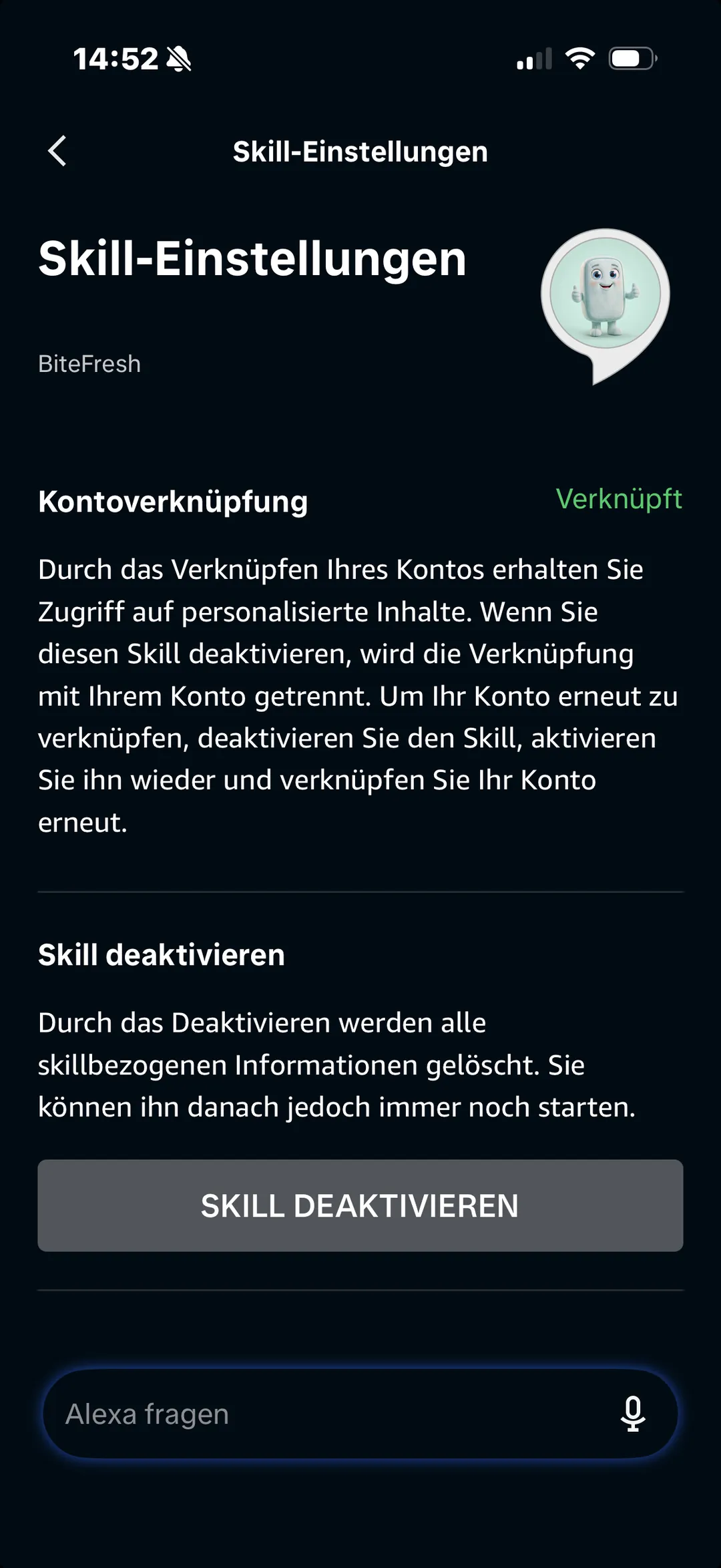 Skill-Einstellungen von BiteFresh in der Alexa-App
