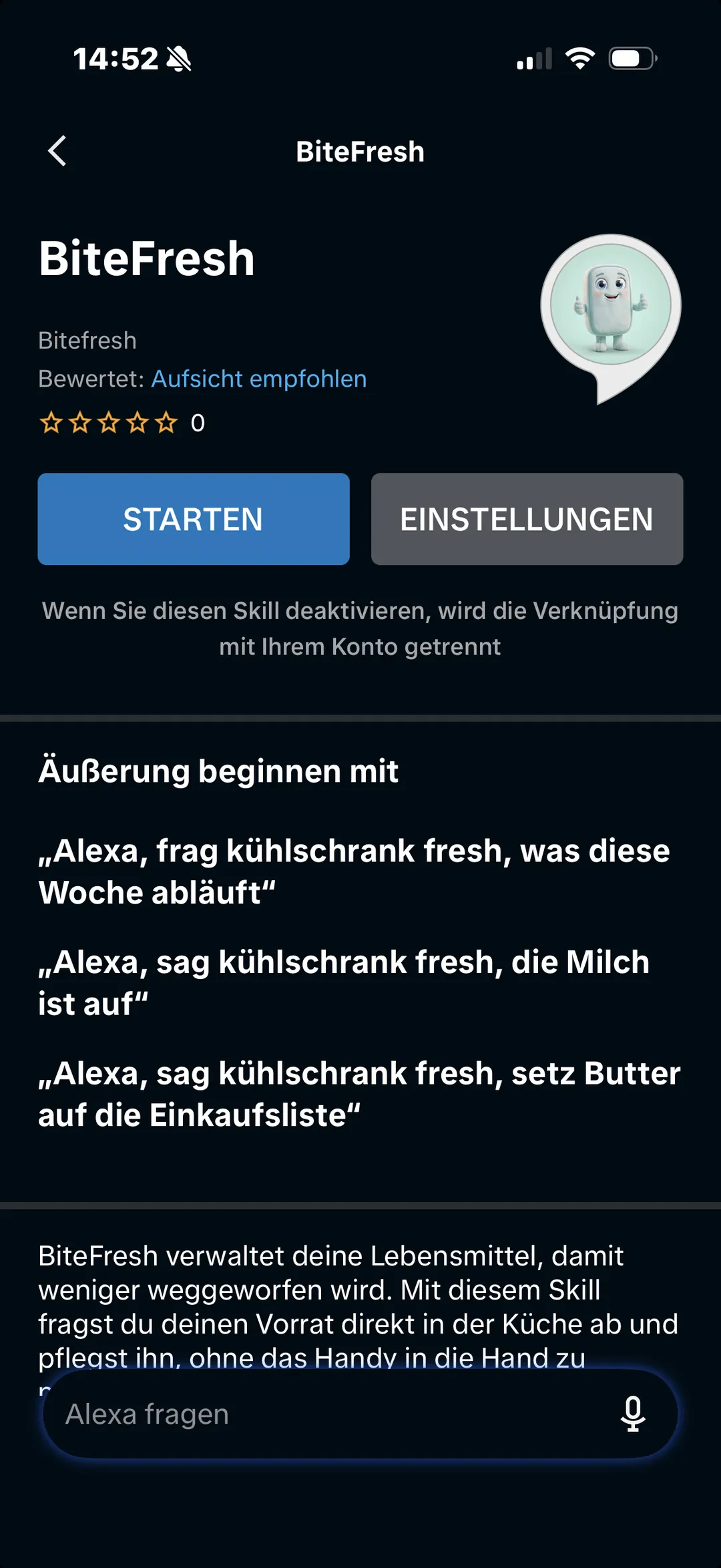 Skill-Seite von BiteFresh in der Alexa-App