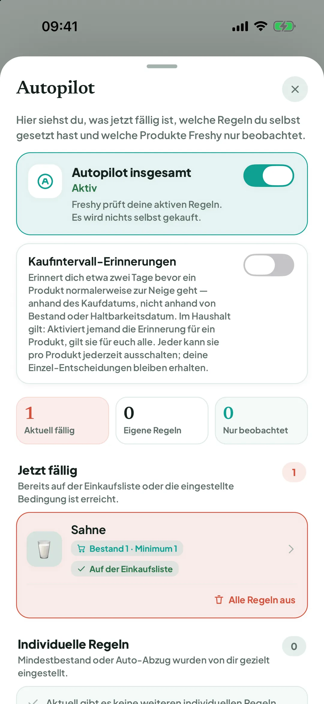Autopilot-Übersicht mit Aktuell fällig, Eigene Regeln und Nur beobachtet