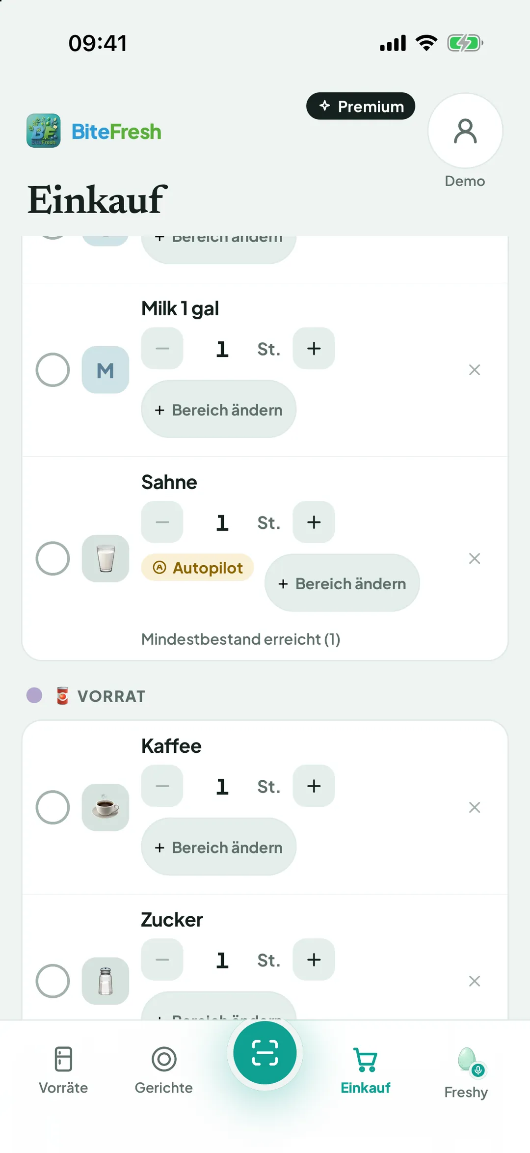 Einkaufsliste mit dem Bereich Automatisch ergänzt