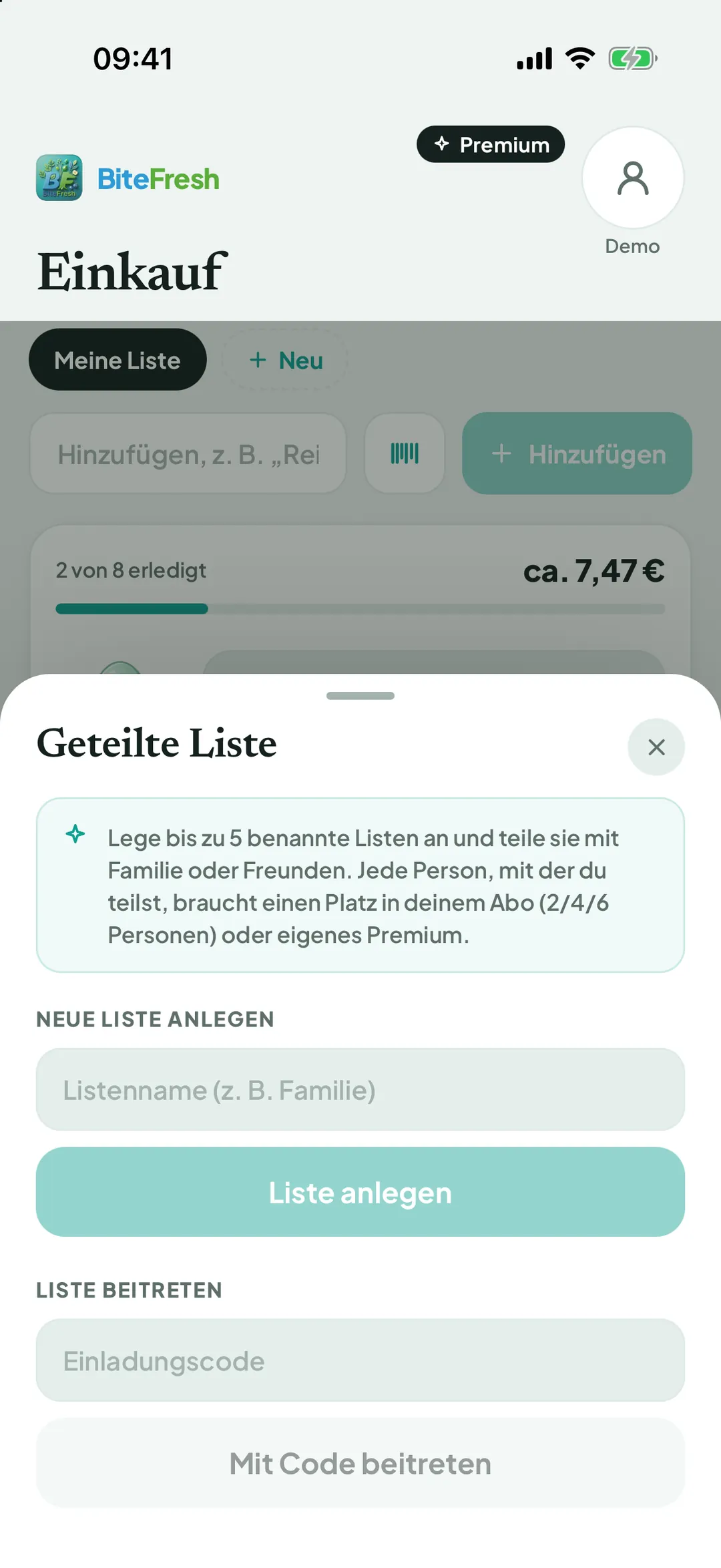 Fenster Geteilte Liste mit Neue Liste anlegen und Liste beitreten