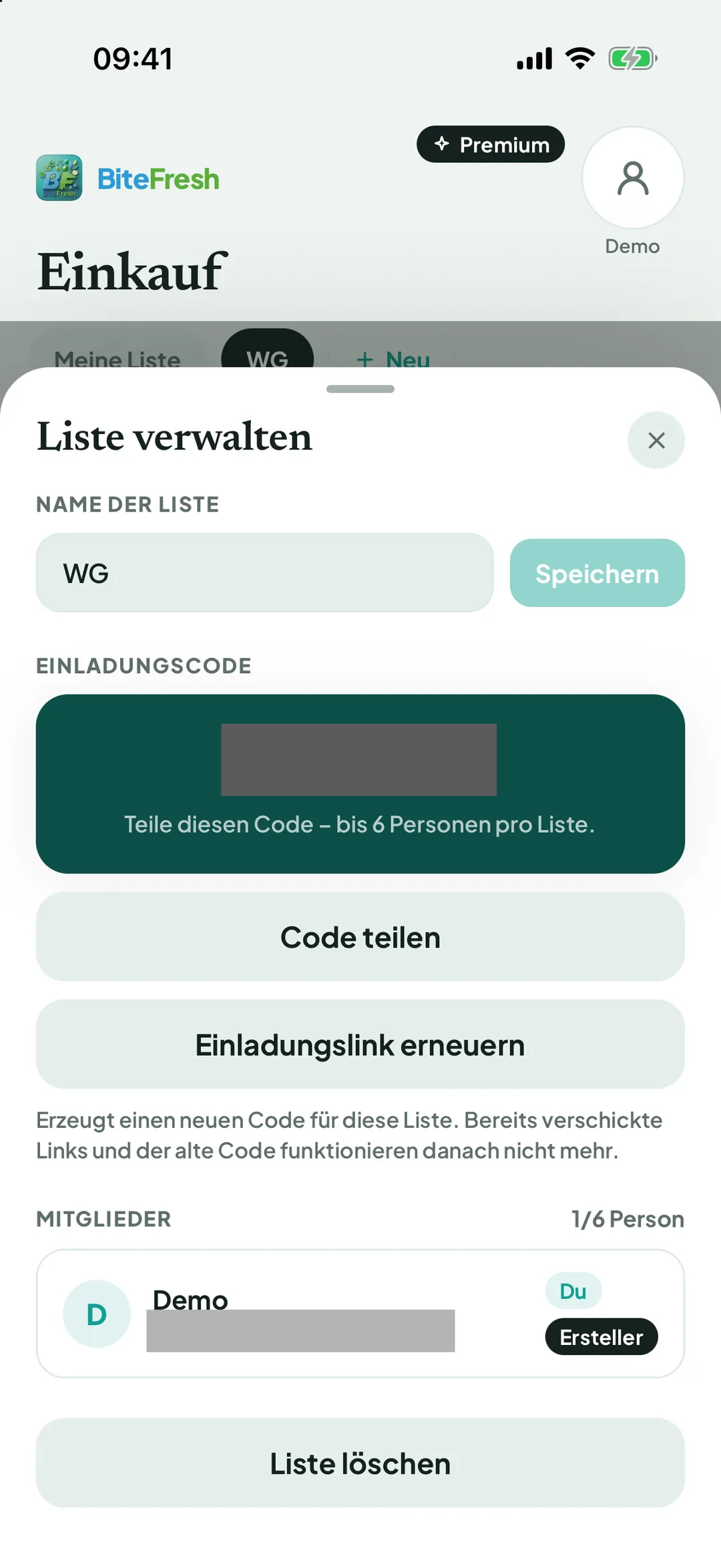 Liste verwalten mit Einladungscode