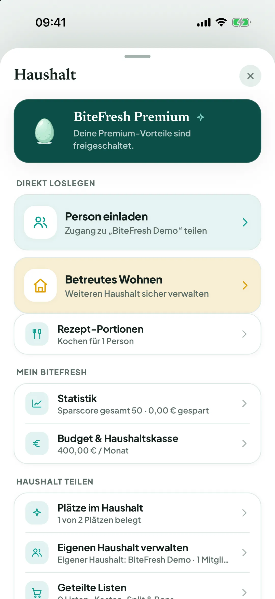 Bereich Haushalt mit Person einladen, Betreutes Wohnen und Rezept-Portionen