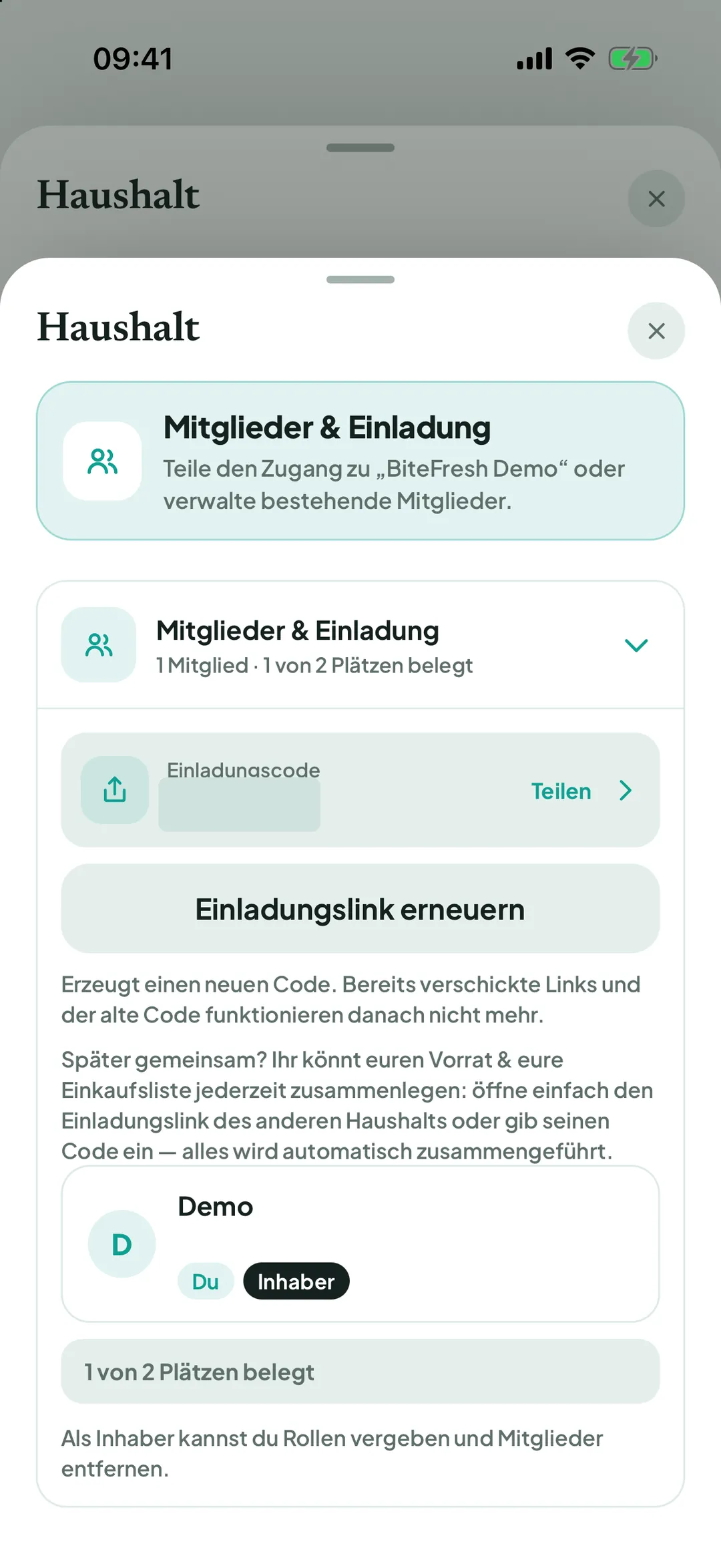 Mitglieder & Einladung mit (geschwärztem) Einladungscode, Teilen und Einladungslink erneuern