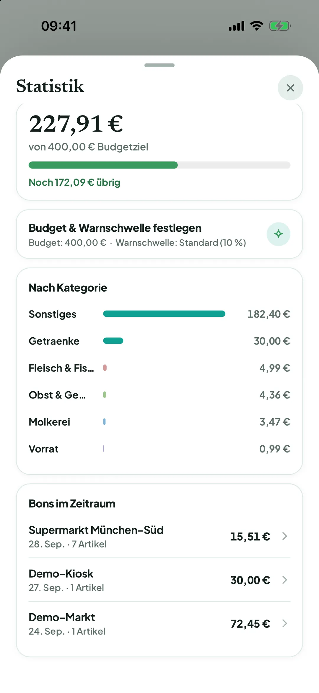 Haushaltskasse mit Ausgaben, Kategorien und Einkäufen