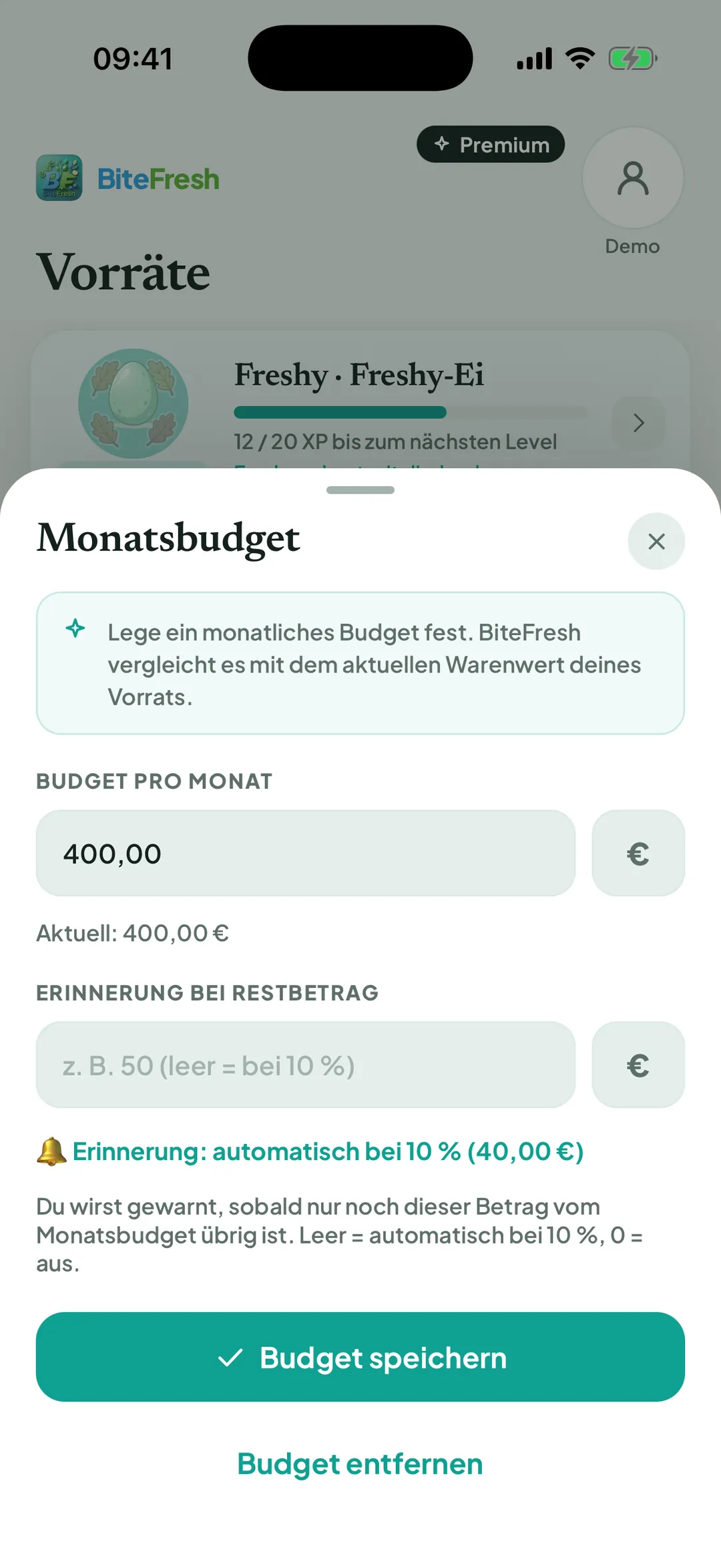 Monatsbudget mit Budget pro Monat und Erinnerung bei Restbetrag