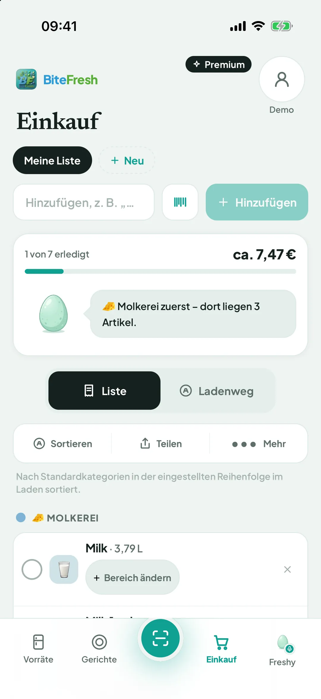 Einkaufsliste mit Eingabefeld, Barcode-Knopf, Fortschritt und Einträgen
