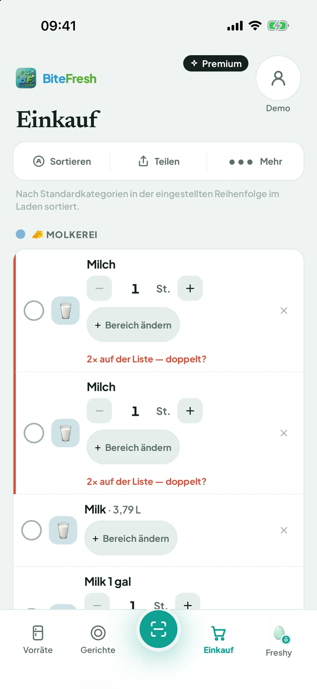 Zweimal Milch auf der Liste, jeweils mit dem Hinweis „2× auf der Liste — doppelt?“