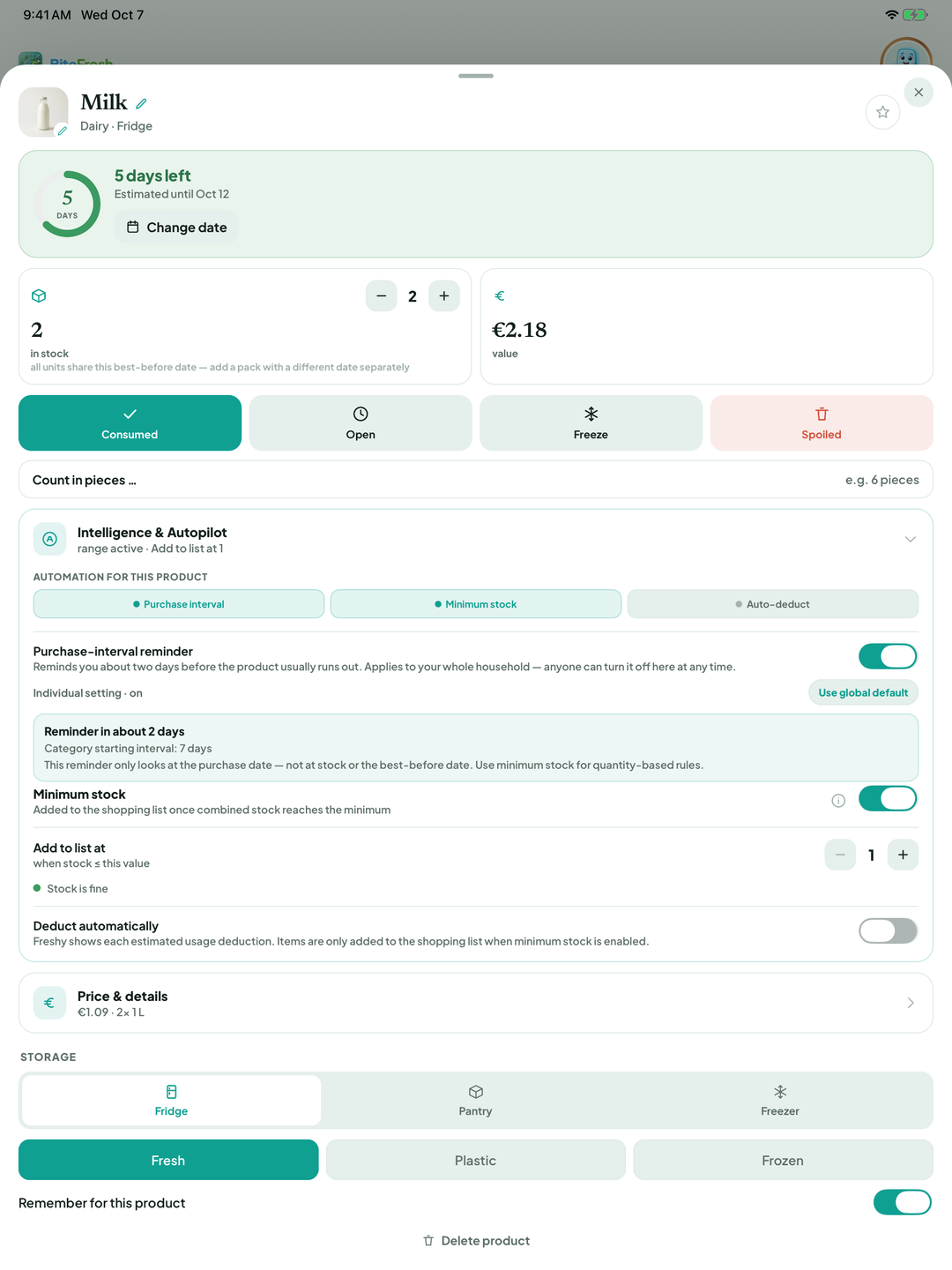 Automation for this product with Purchase interval, Minimum stock and Auto-deduct