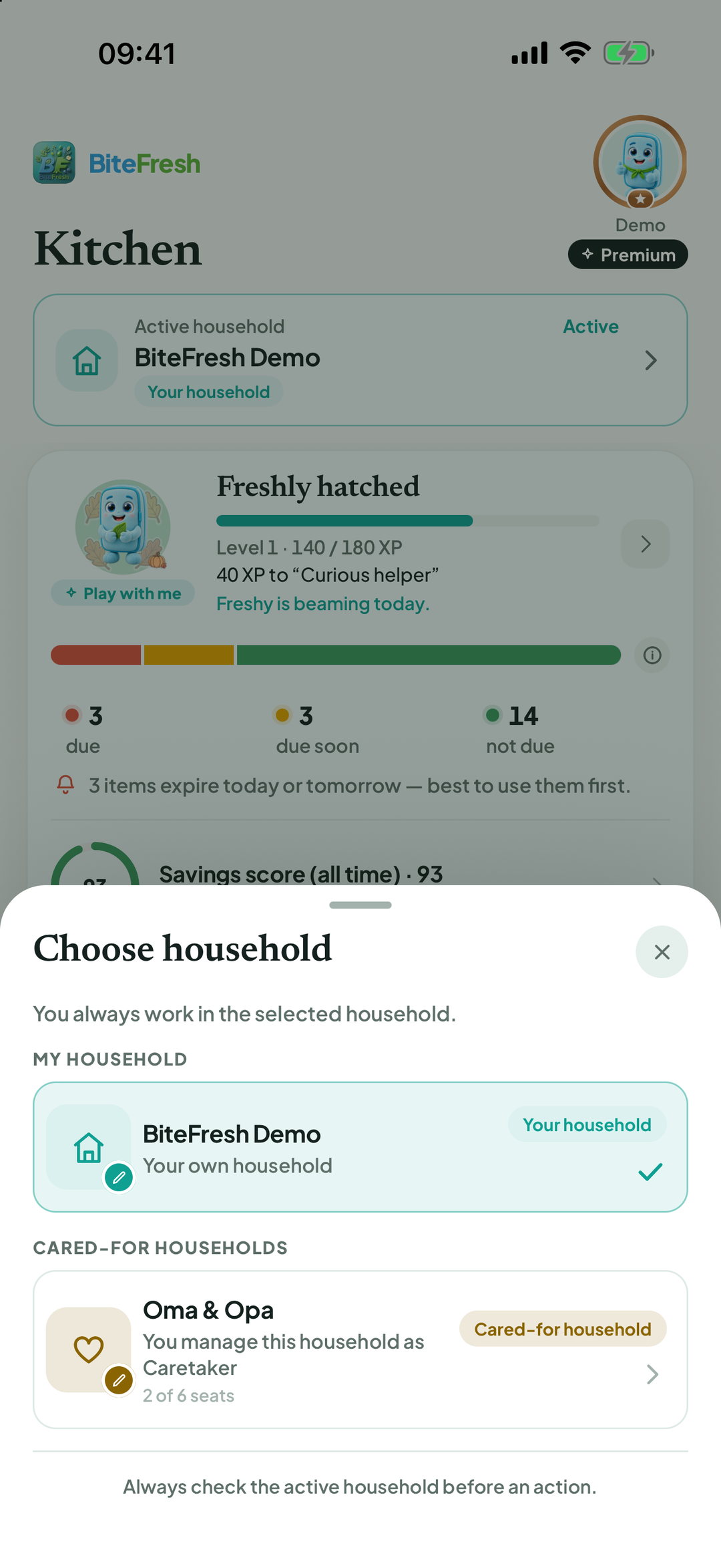 Choose household selection with My household and Cared-for households