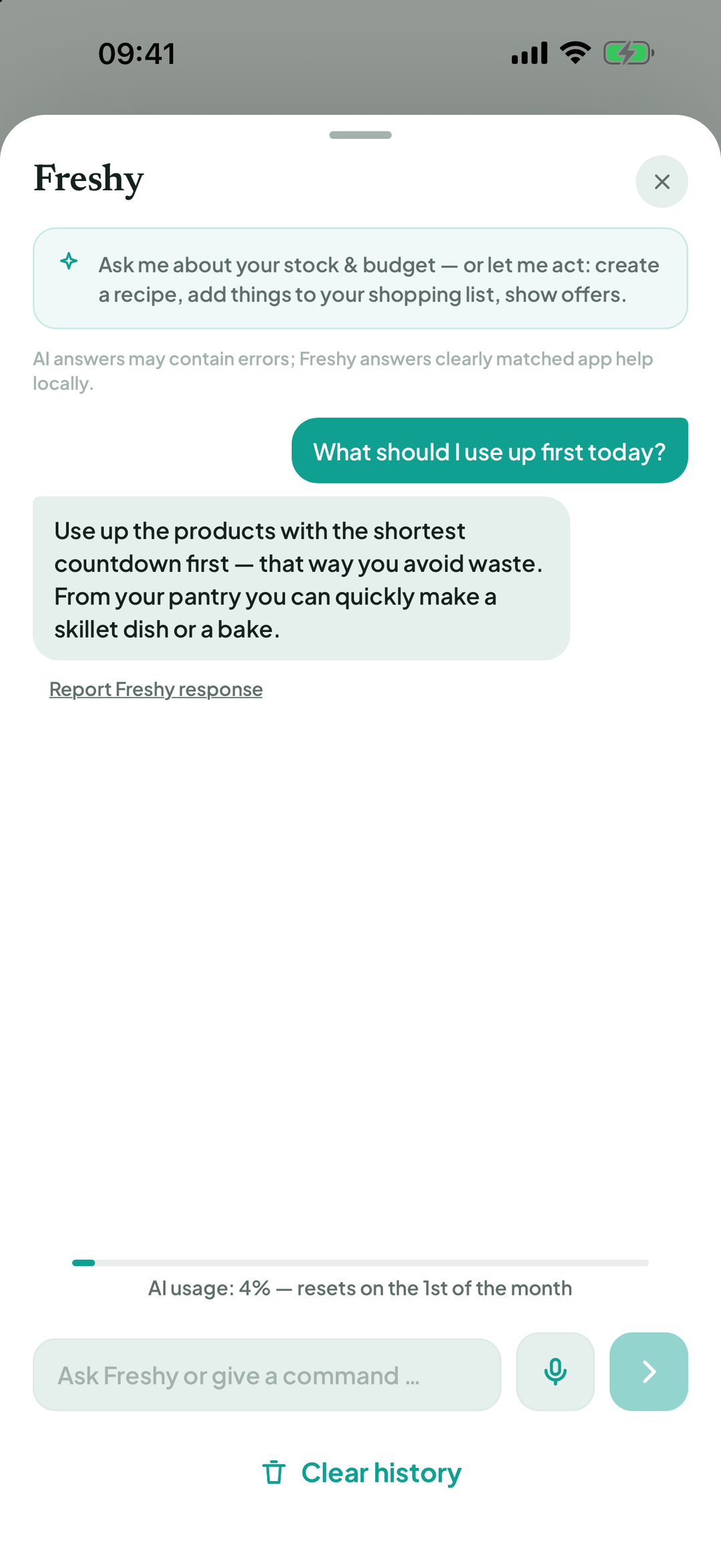 Freshy answer with Report Freshy answer and Clear history