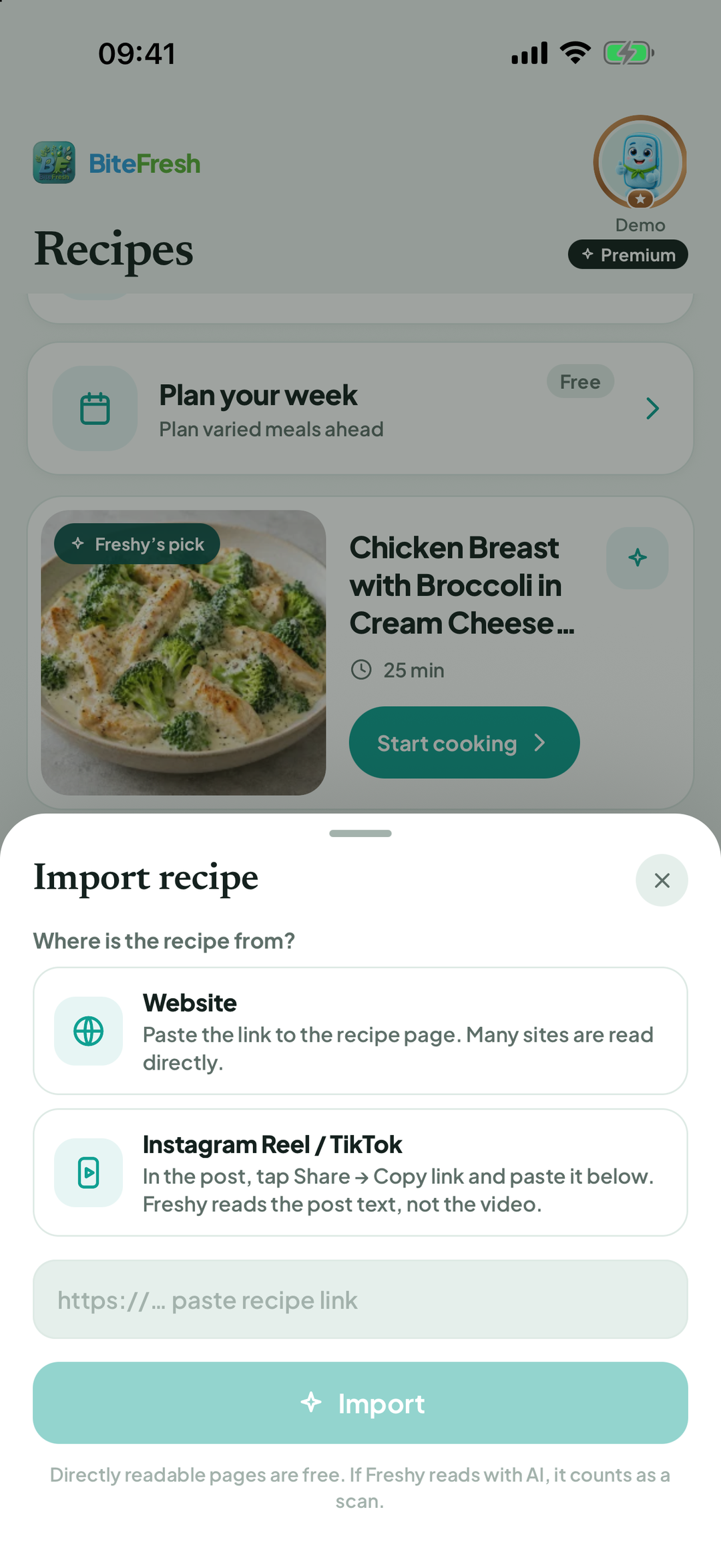 Import recipe screen with empty link field