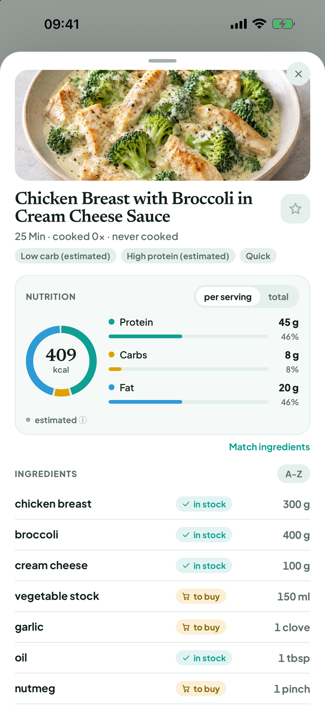 Nutrition per serving with kcal, fat, protein and carbohydrate