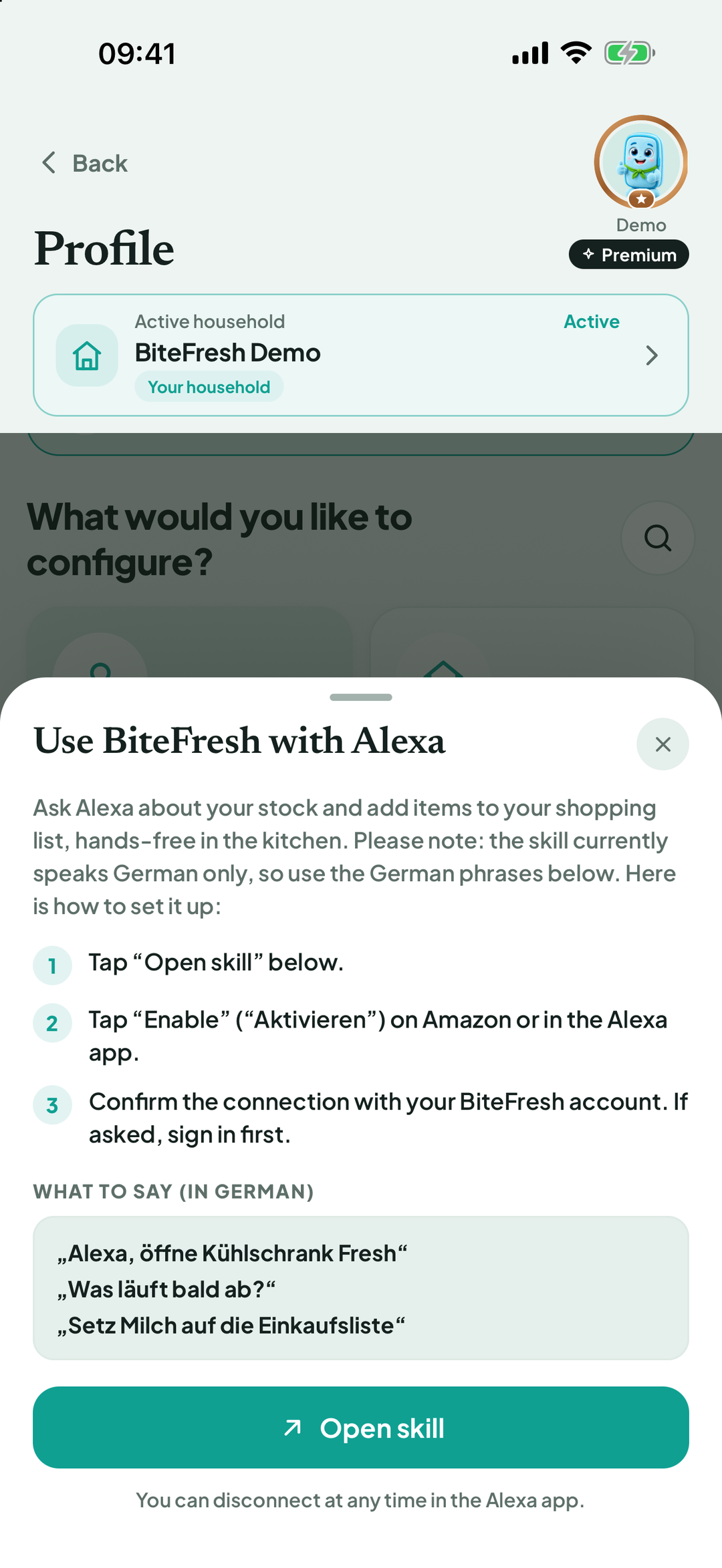 Use BiteFresh with Alexa dialog with three steps, German example phrases and Open skill