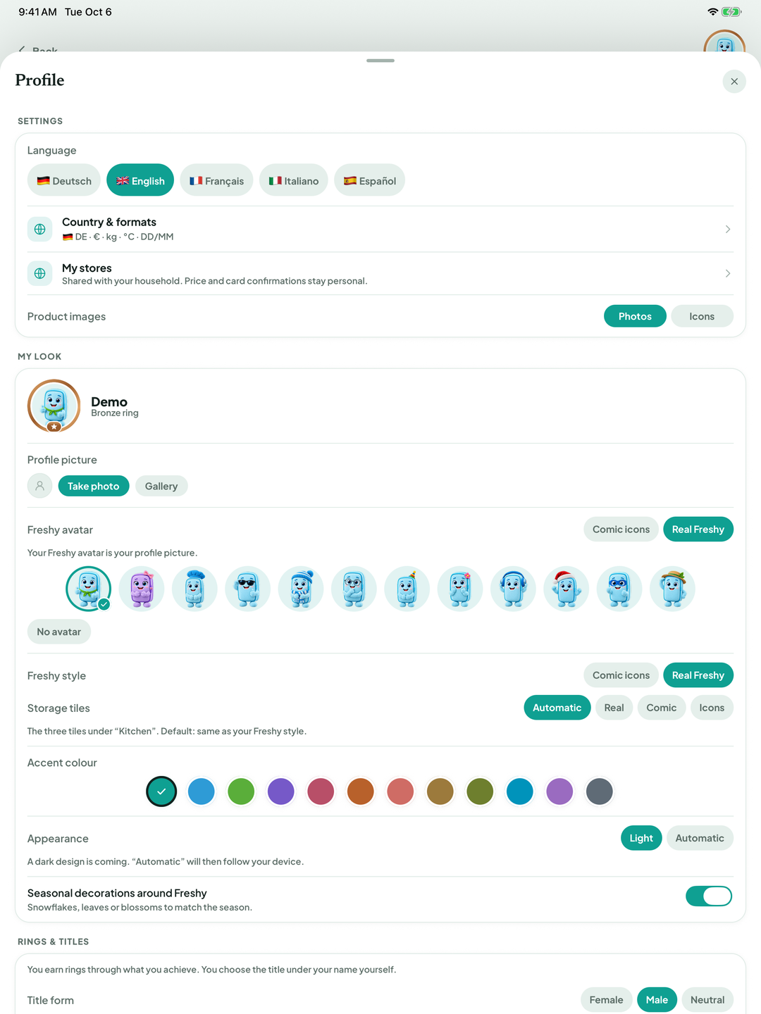 Profile area with Language, Country & formats, Profile picture, Product images and Accent colour
