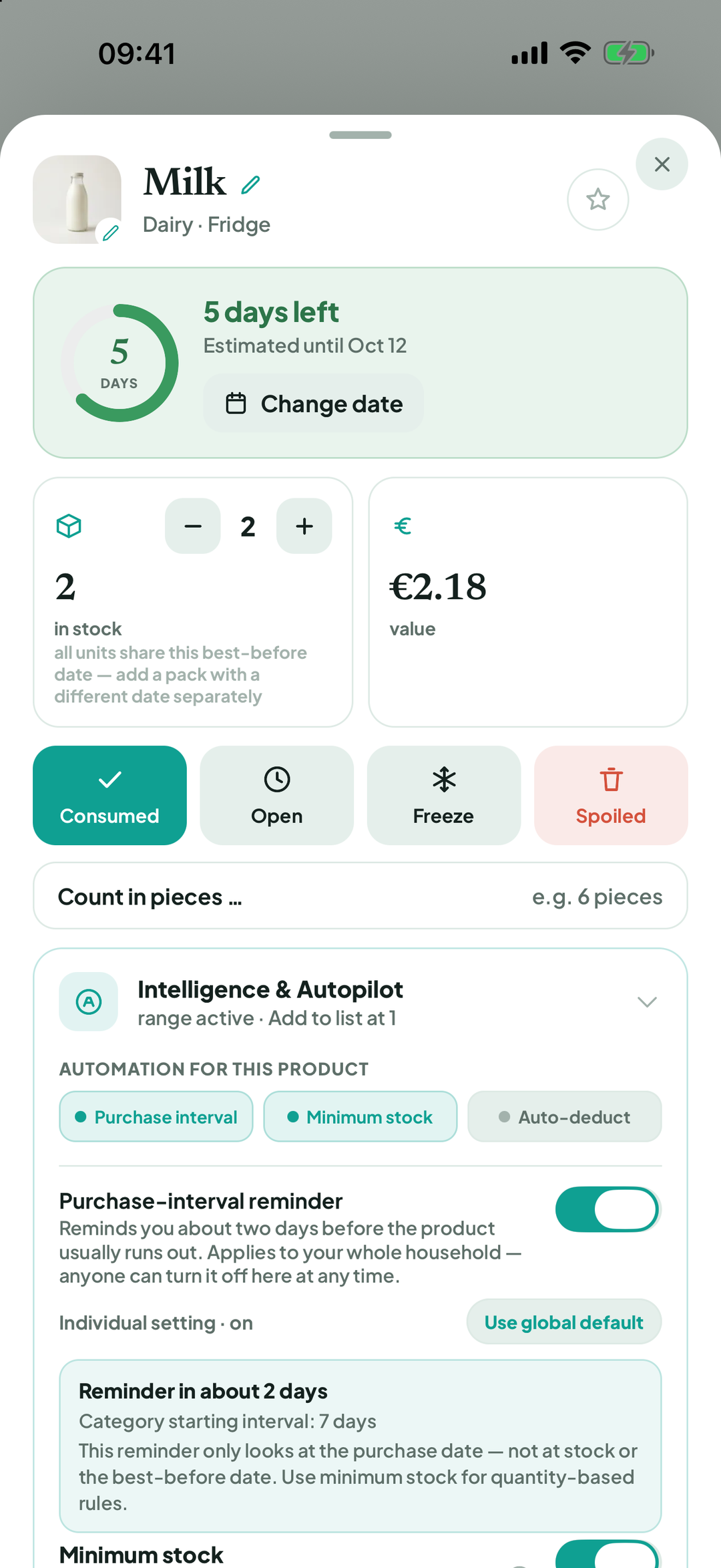 Product details with the Freeze button