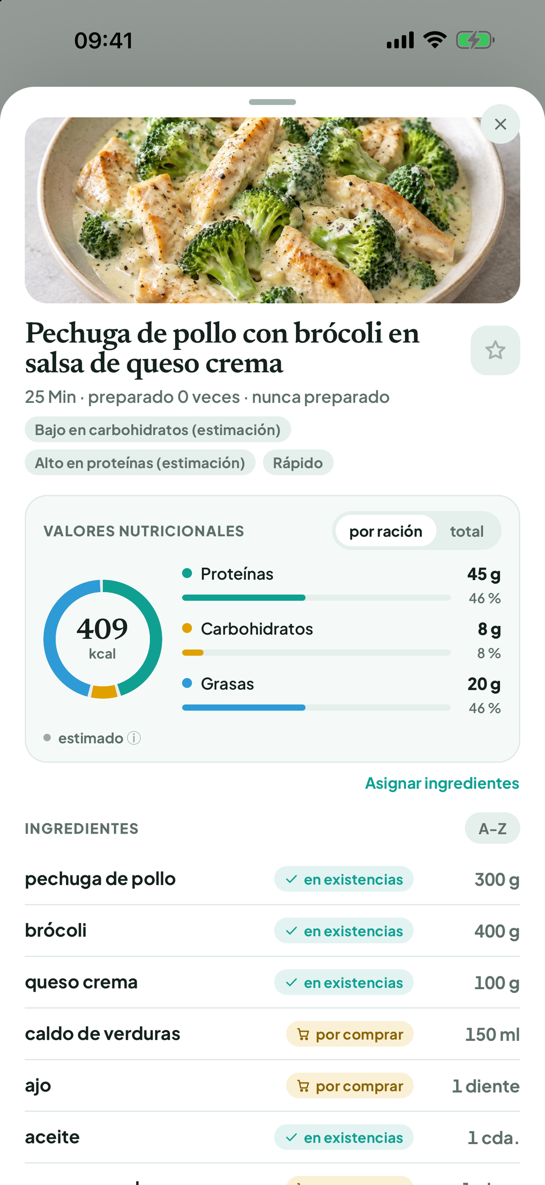 Receta con valores por ración