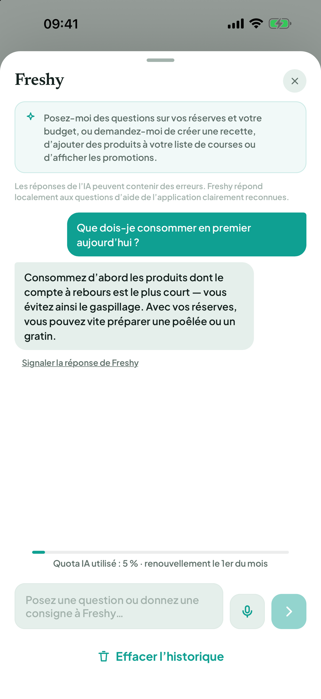 Réponse Freshy avec signalement et suppression de l’historique
