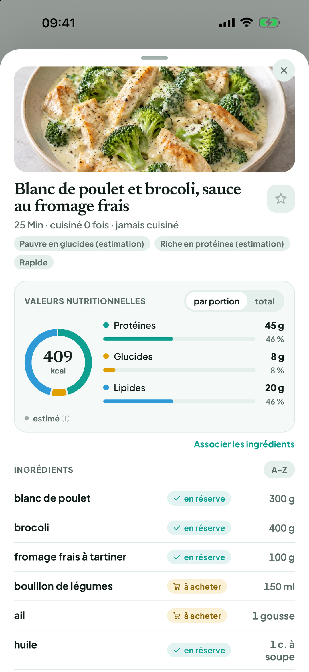 Valeurs par portion : kcal, matières grasses, protéines et glucides