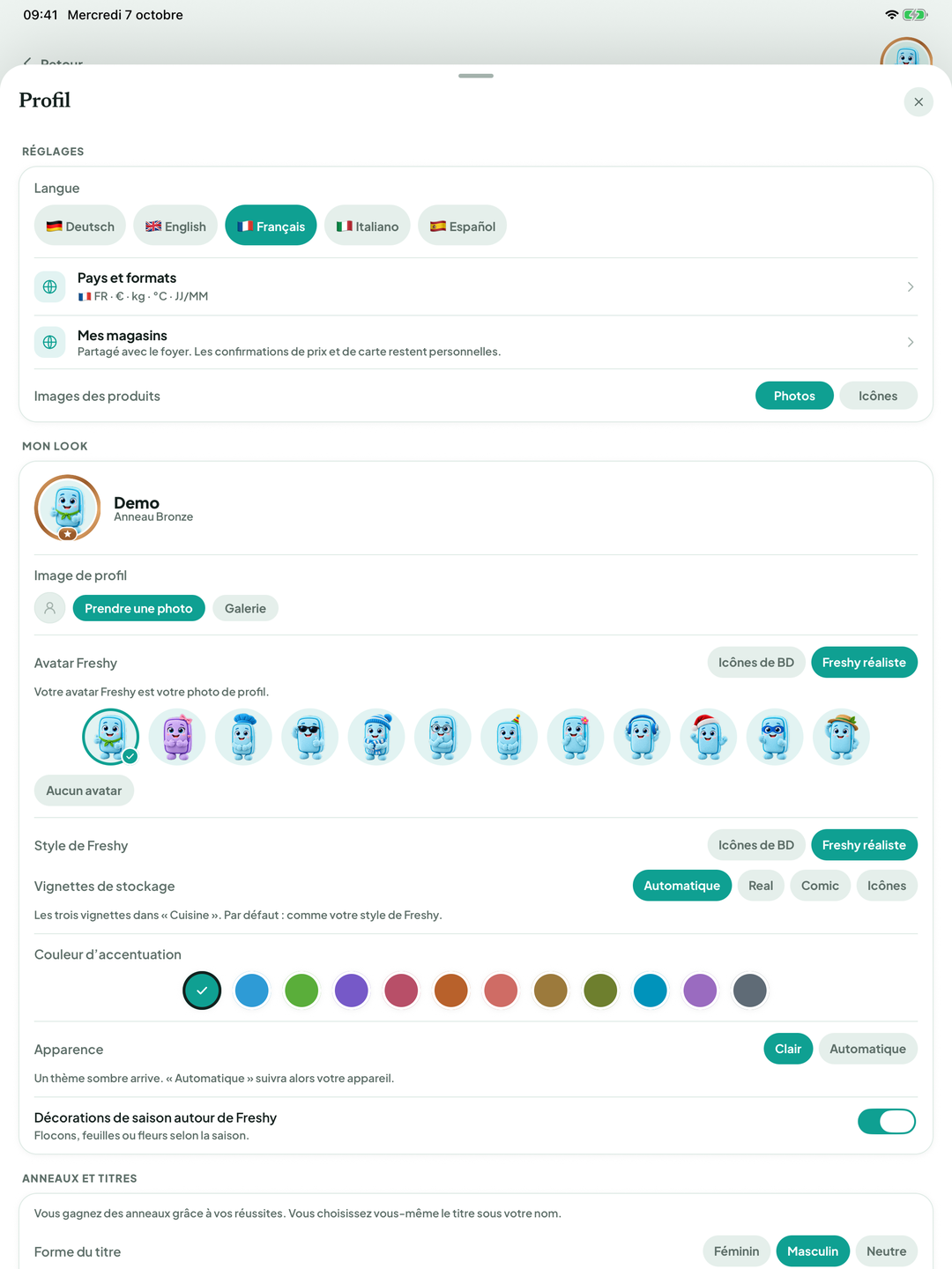 Profil : langue, pays et formats, photo, images de produits et couleur d’accent
