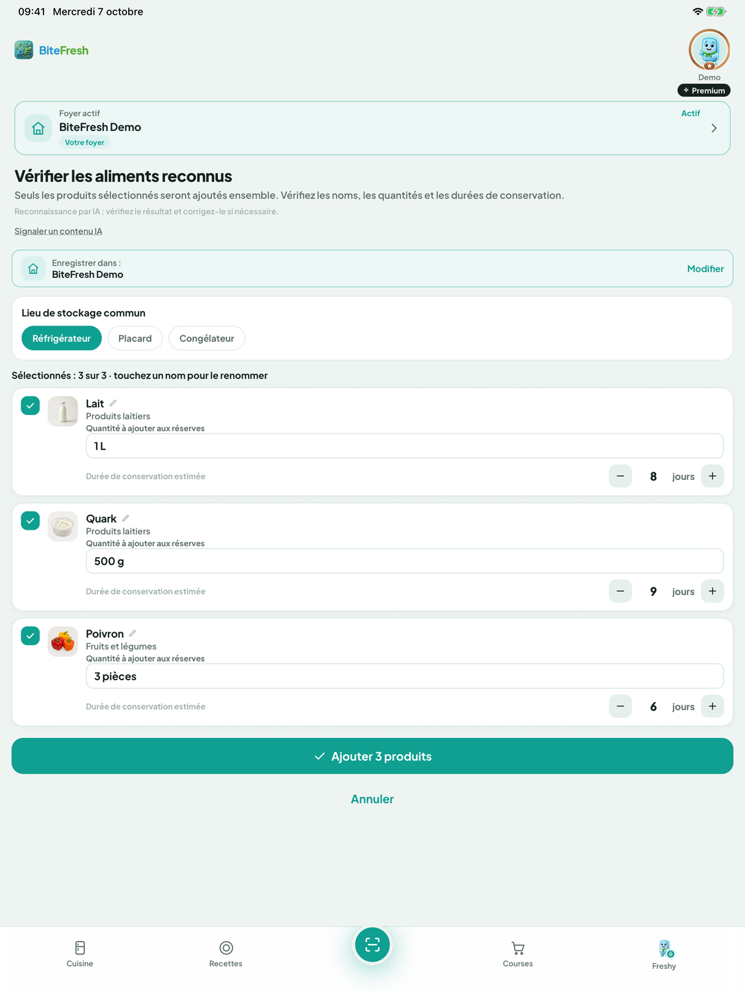Aliments reconnus sur une photo du réfrigérateur