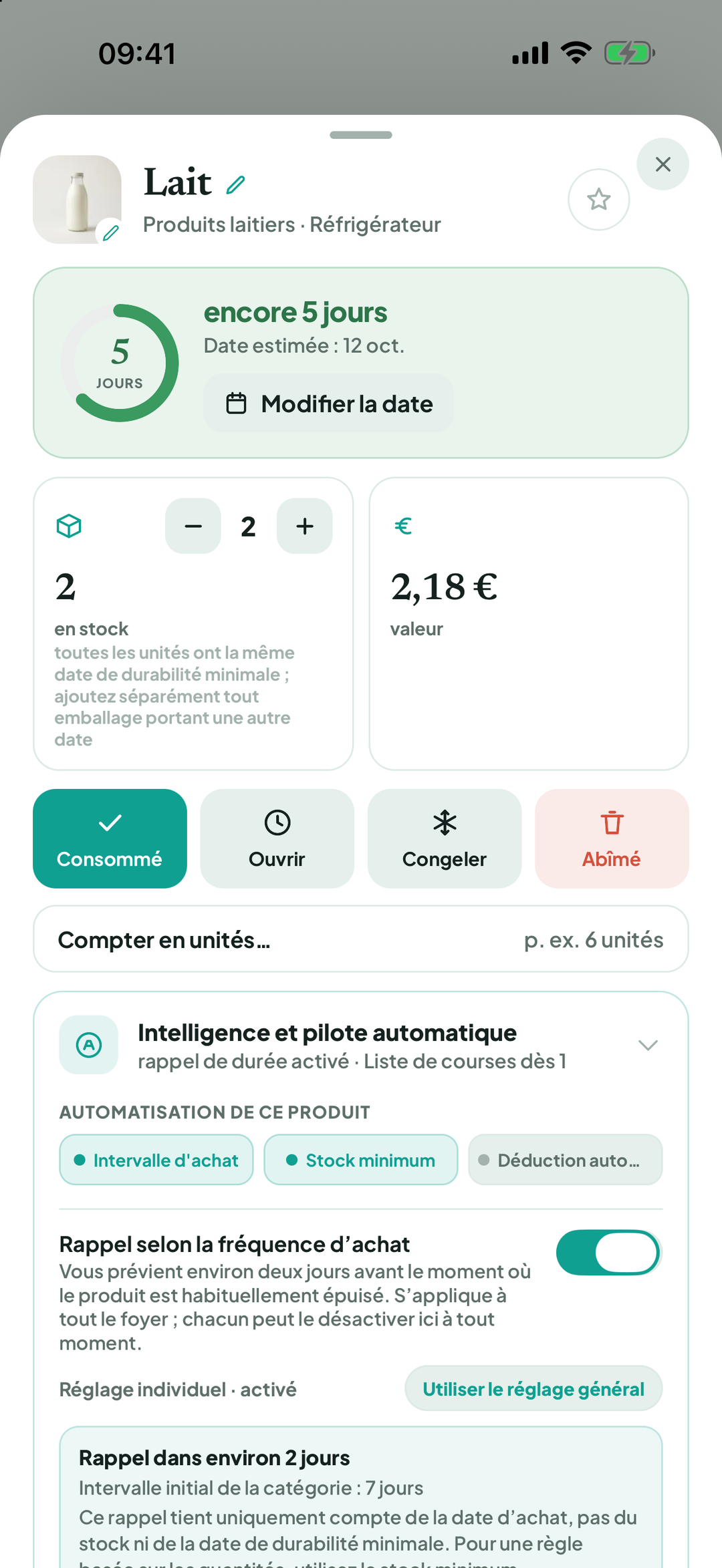 Fiche du lait avec estimation Freshy et boutons d’action