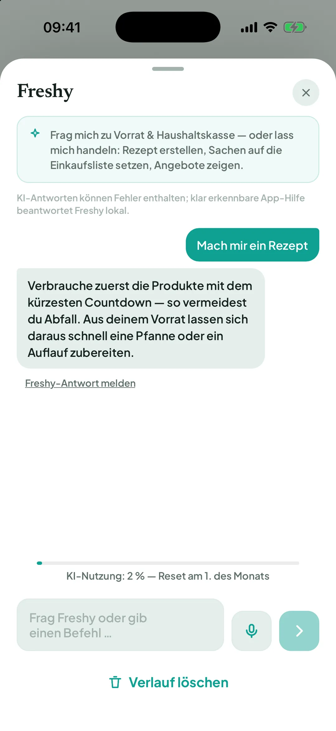 Freshy-Antwort mit Freshy-Antwort melden und Verlauf löschen