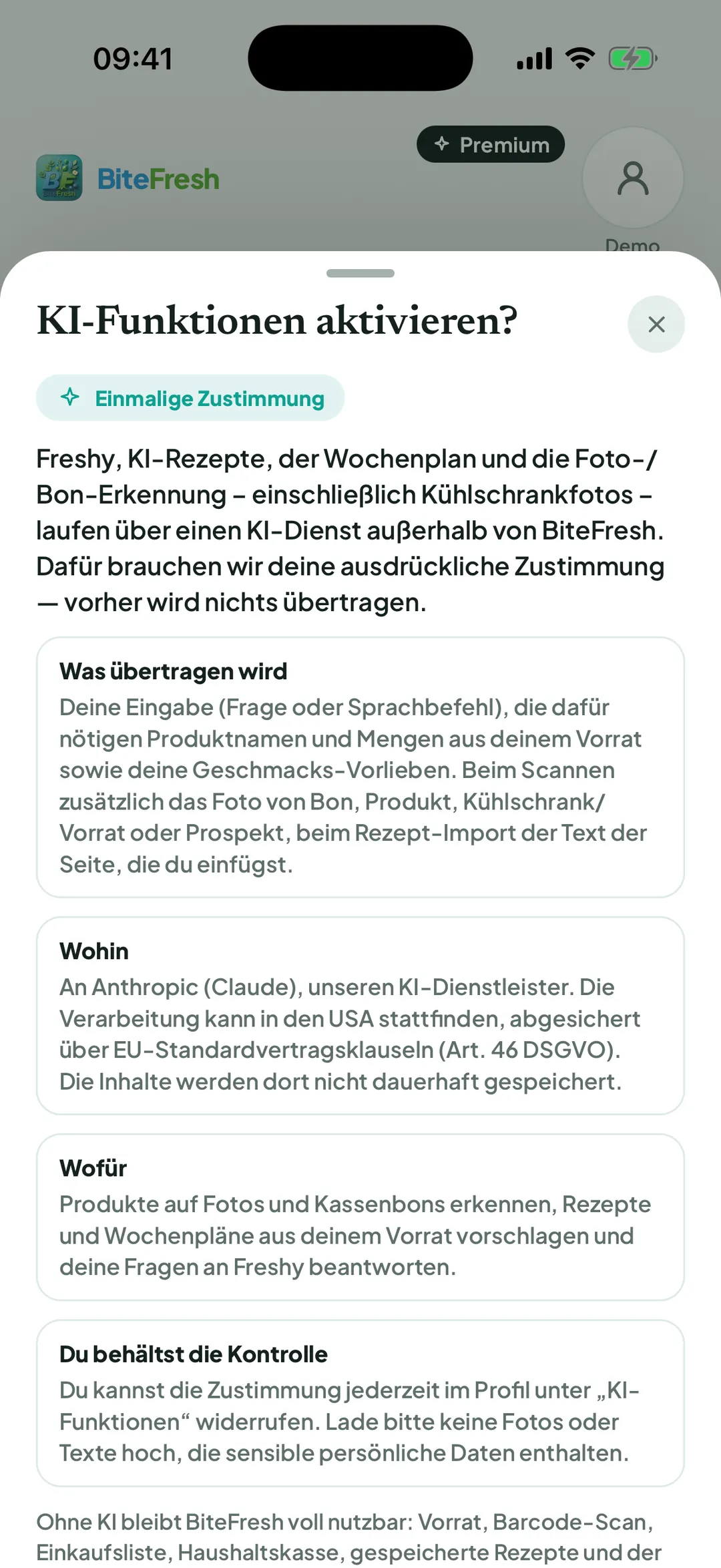 Zustimmung „KI-Funktionen aktivieren?“ mit Was übertragen wird, Wohin und Wofür