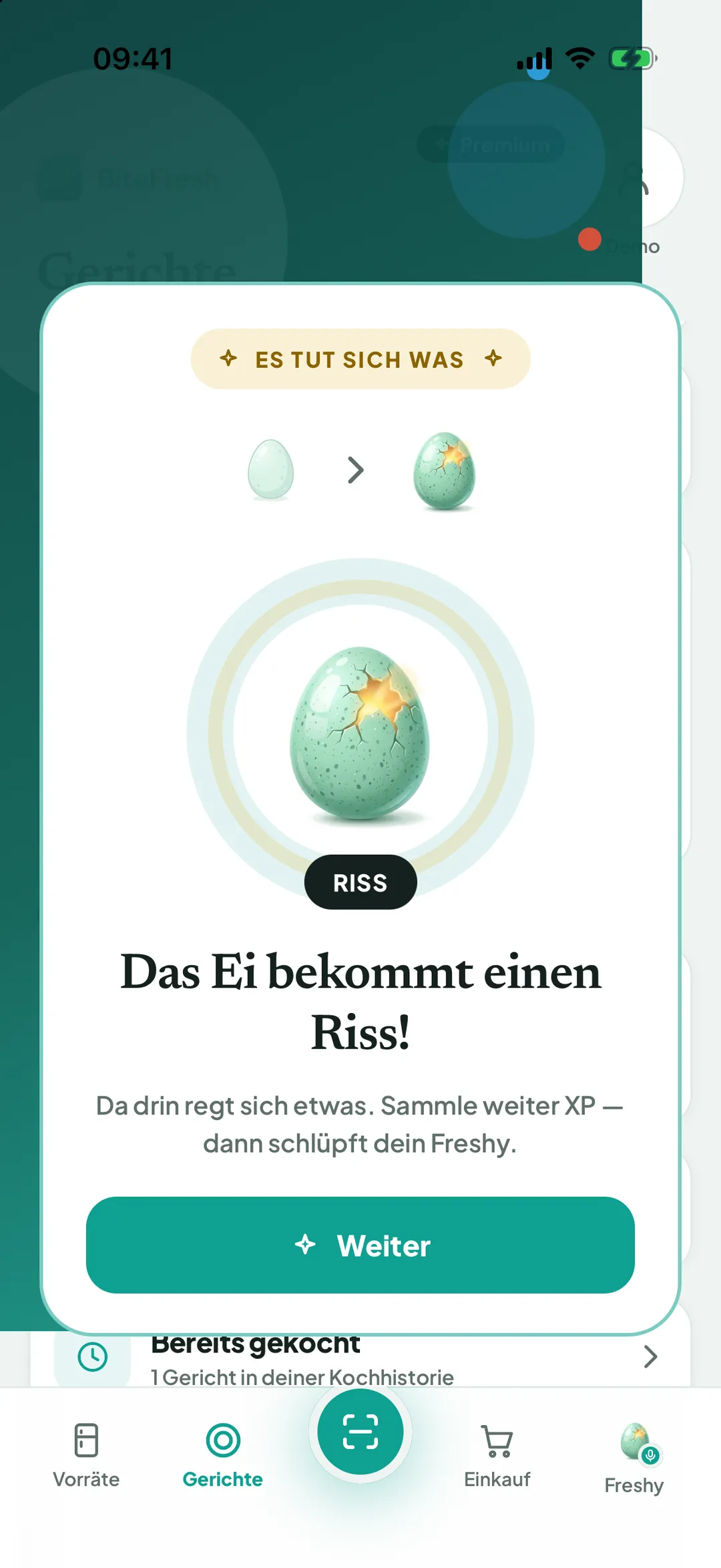 Hinweis „Es tut sich was“: „Das Ei bekommt einen Riss!“ mit dem Knopf Weiter