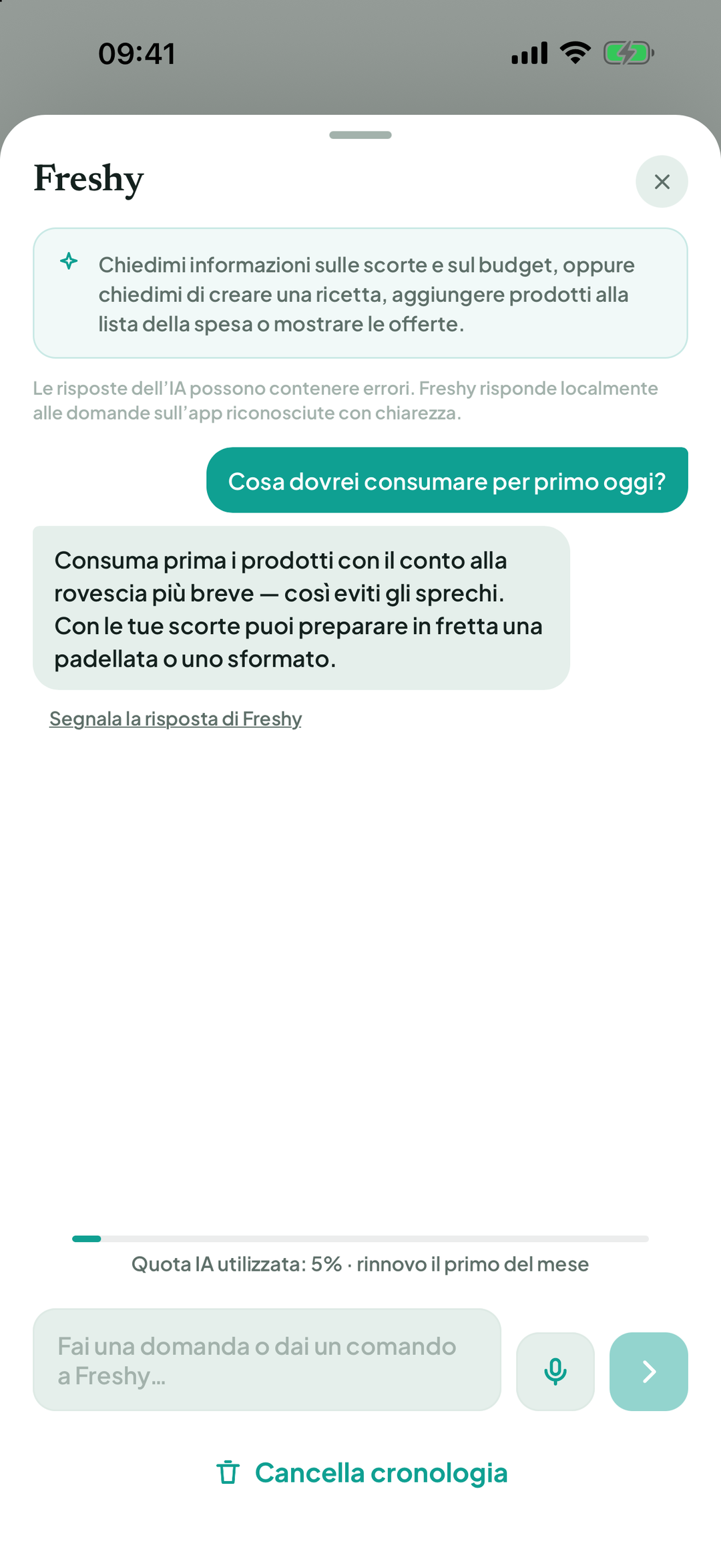 Risposta di Freshy con Segnala risposta e Elimina cronologia