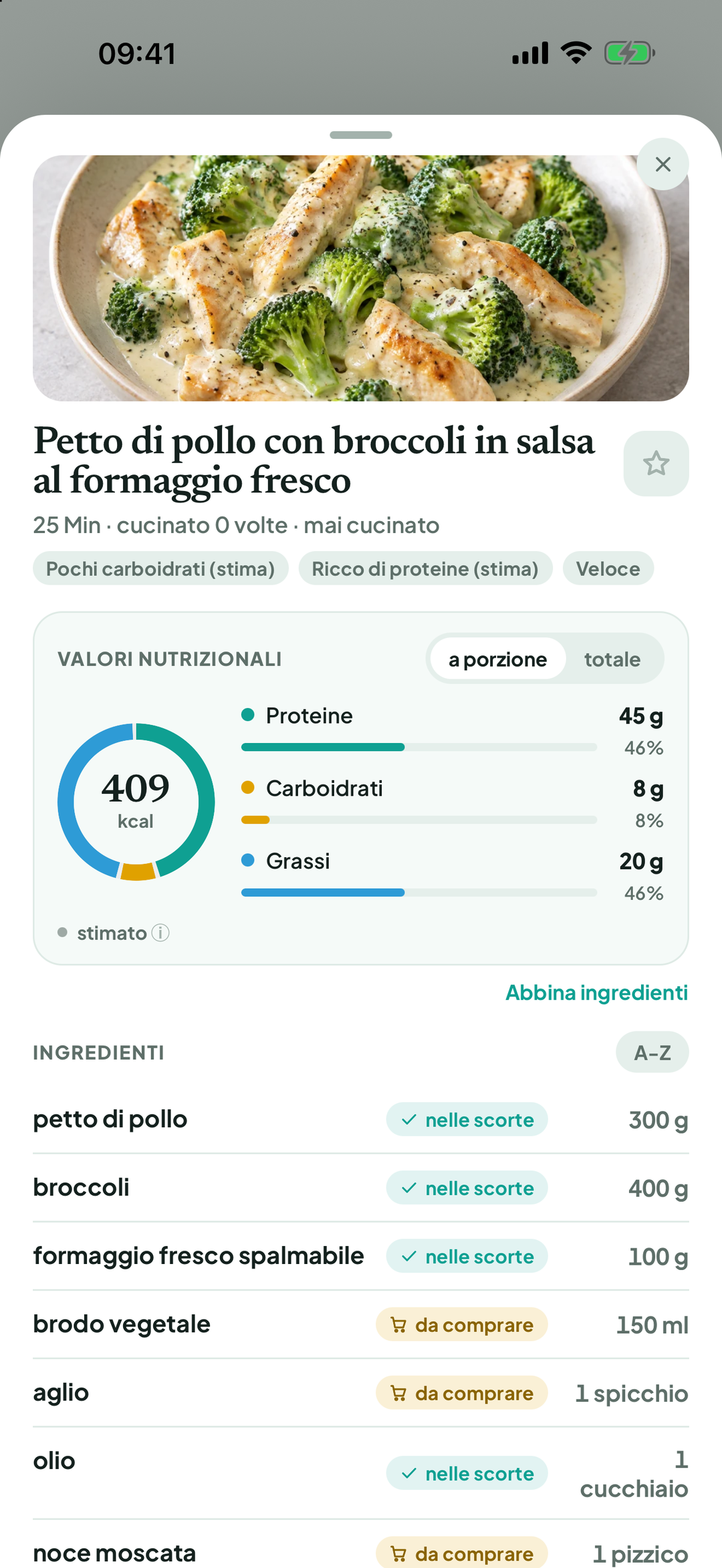 Ricetta con ingredienti indicati come nelle scorte o da acquistare
