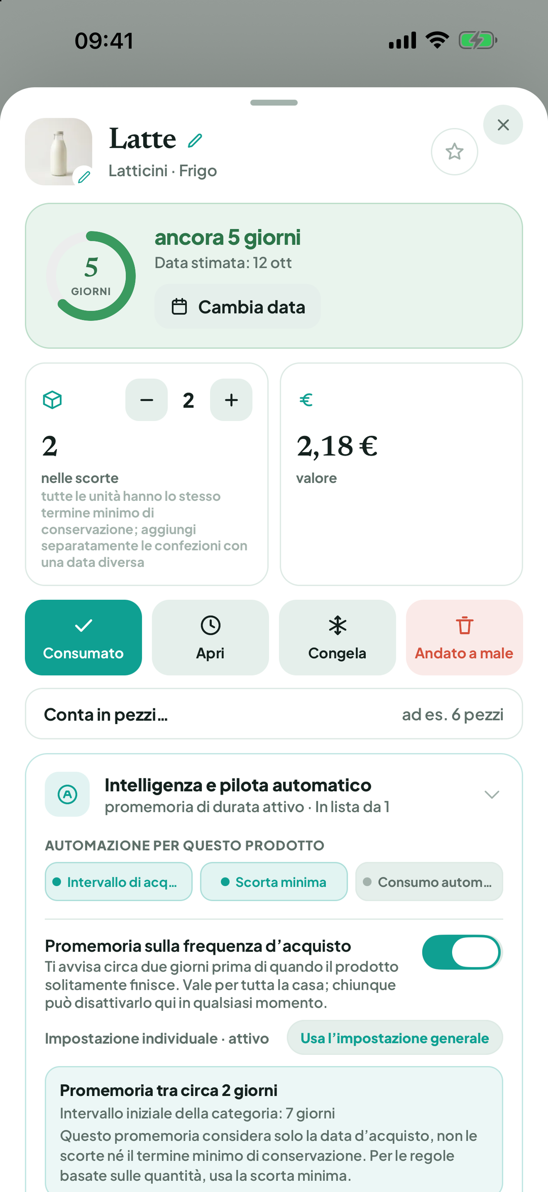 Dettaglio del prodotto con il pulsante Congela
