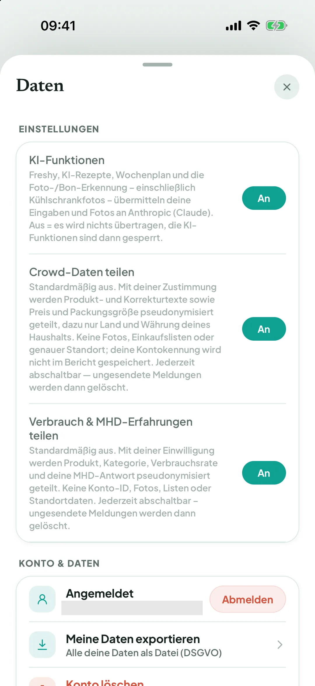 Bereich Daten mit Meine Daten exportieren