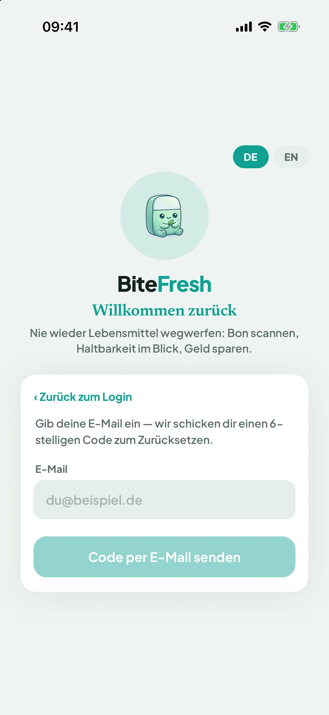 Formular Passwort vergessen mit Code per E-Mail senden
