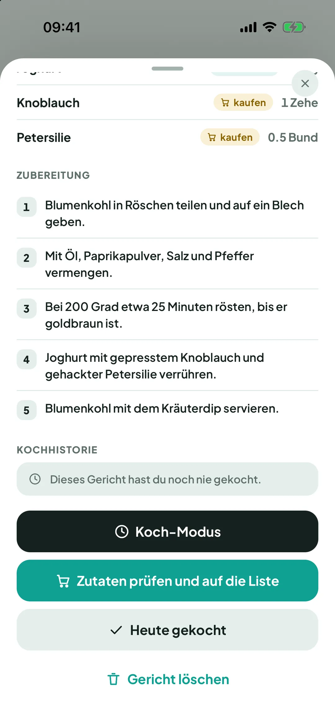 Rezept mit Zubereitung und den Knöpfen Koch-Modus, Zutaten prüfen und auf die Liste und Heute gekocht