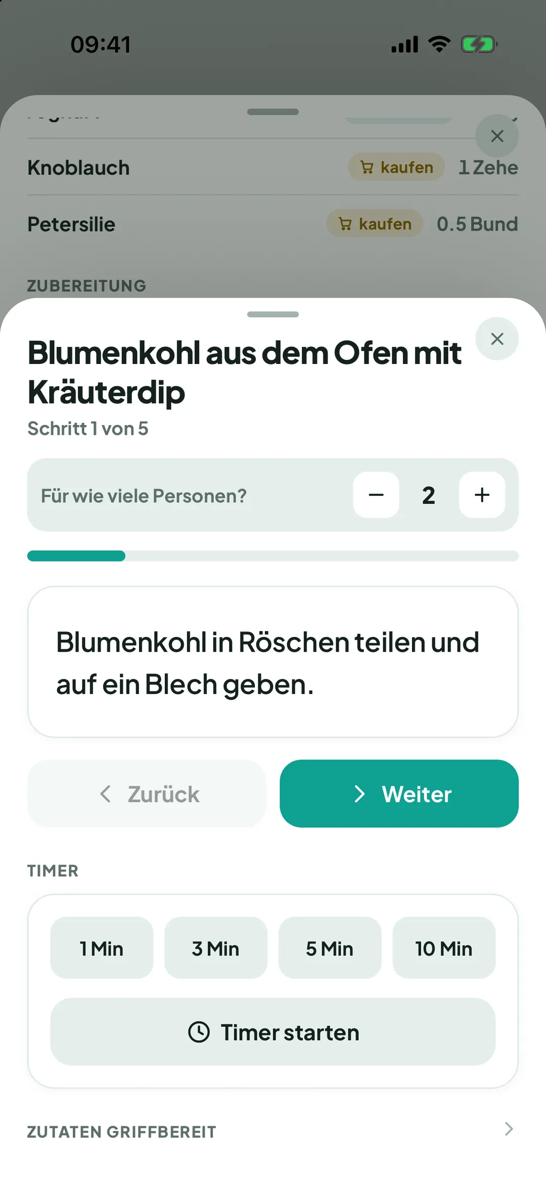 Koch-Modus mit Schritt 1 von 5, Personen-Auswahl, Weiter und Timer