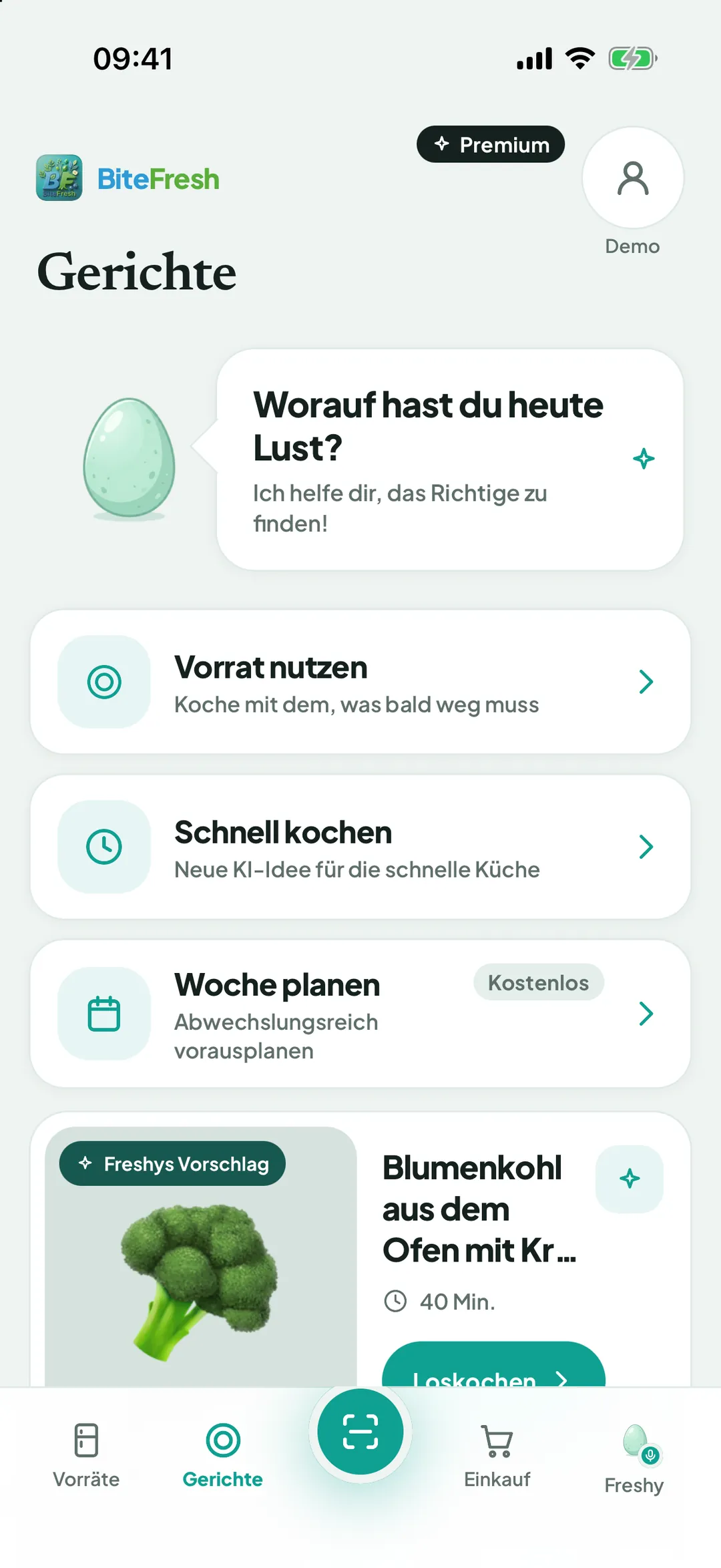 Gerichte-Seite mit Vorrat nutzen, Schnell kochen, Woche planen und Freshys Vorschlag