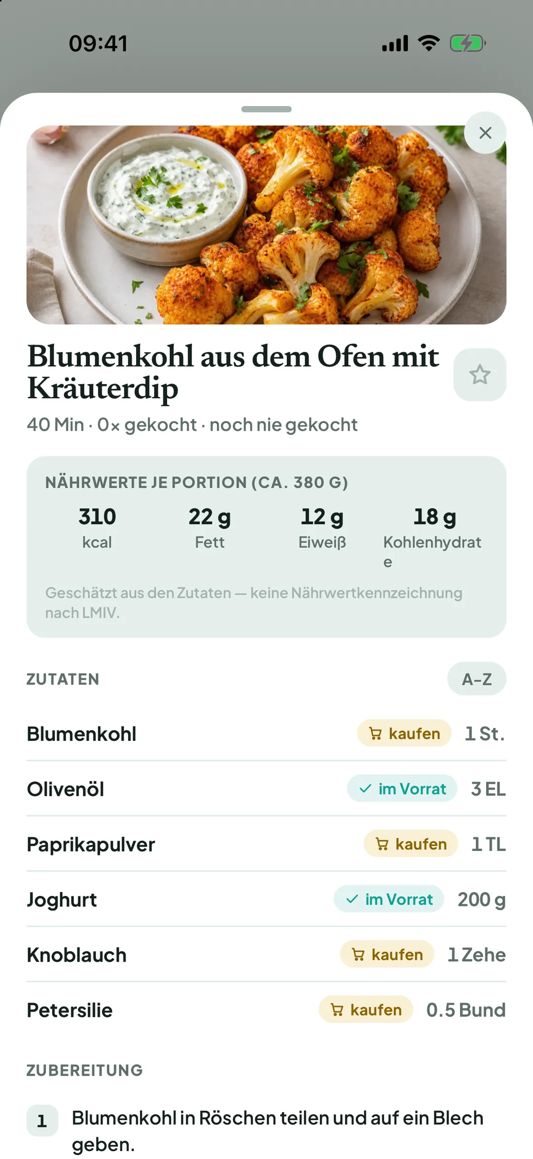 Rezept mit Zutaten, gekennzeichnet mit im Vorrat oder kaufen