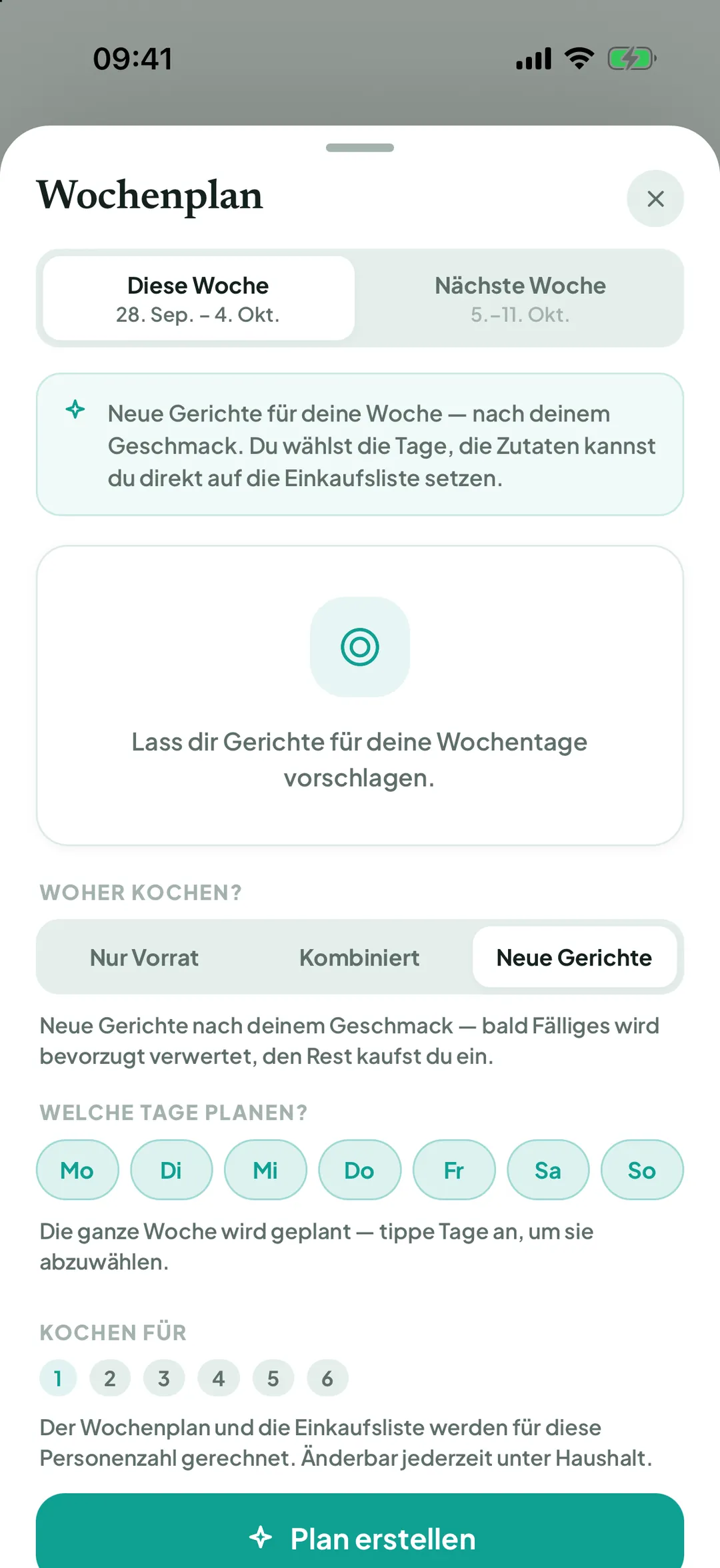 Wochenplan einrichten mit Woche, Woher kochen, Wochentagen und Kochen für