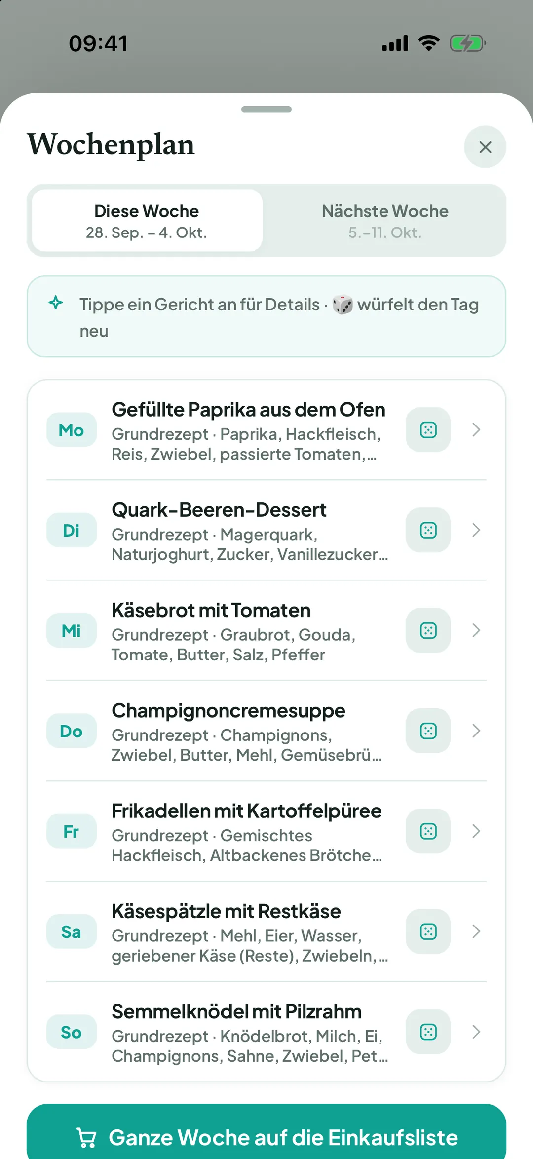Fertiger Wochenplan
